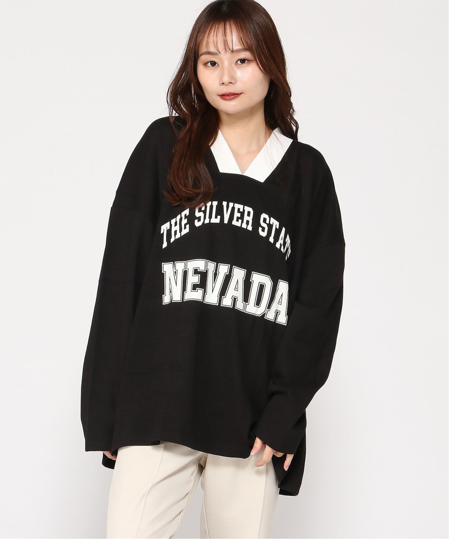 VIVIDLADY VIVIDLADY/(W)オーバーフィットvネック配色トレーナー ビビッドレディー トップス スウェット・トレーナー ブラック【送料無料】
