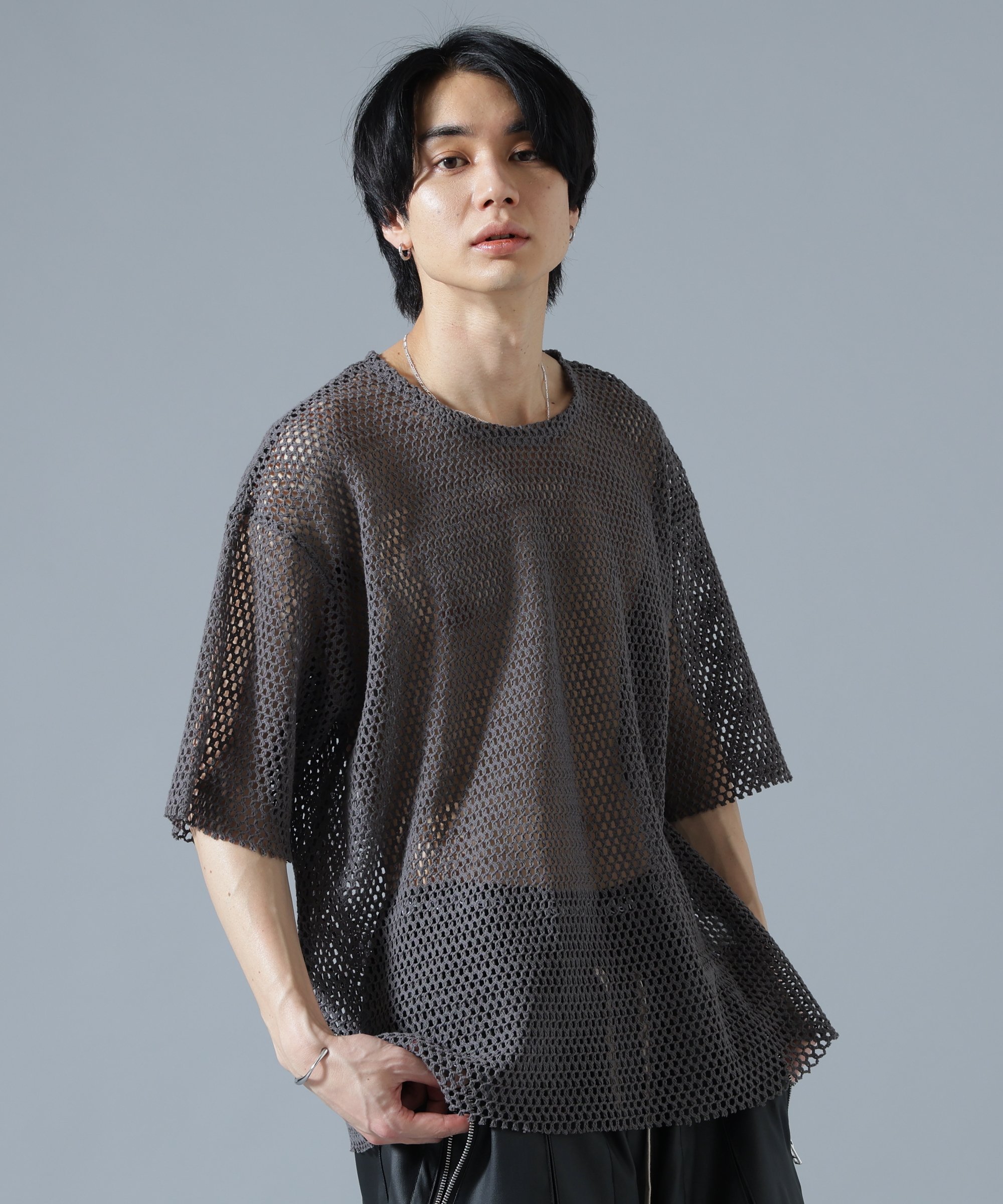 LHP DankeSchon/ダンケシェーン/MESH S/S TEE エルエイチピー トップス カットソー・Tシャツ ブラック ホワイト グレー