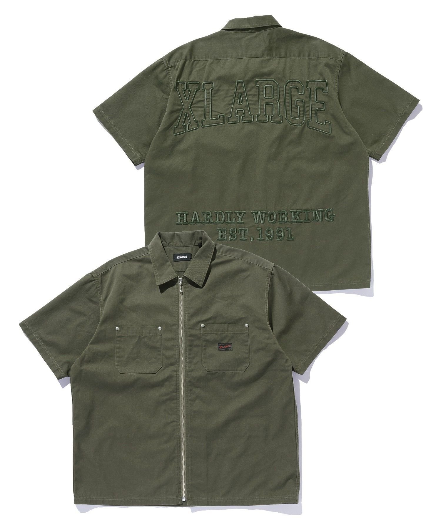 ZIP UP S/S WORK SHIRT エクストララージ トップス シャツ・ブラウス カーキグリーン グリーン ブラック