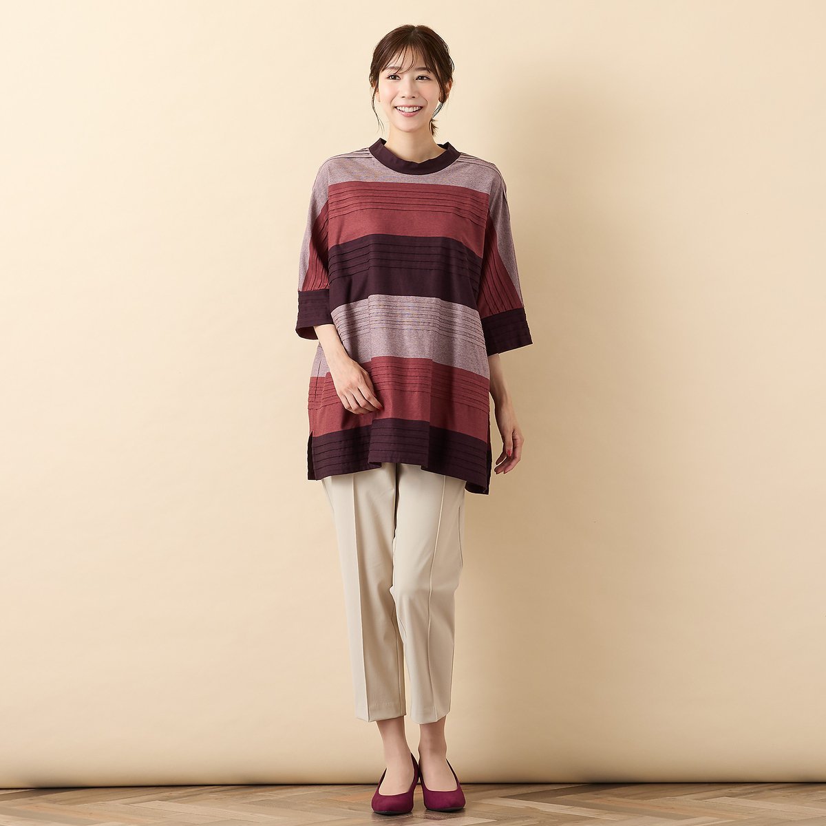 PISANO 【手洗いOK・綿100%】タックボーダースタンドカラーカットソー ピサーノ トップス カットソー・Tシャツ ワインレッド ネイビー