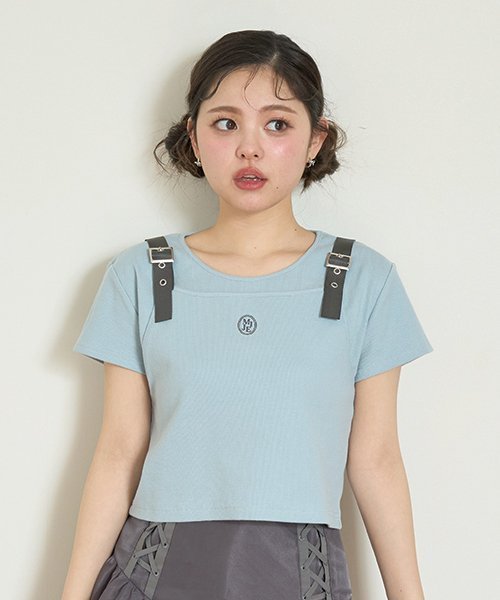 Three-Quarter - 【SALE／50%OFF】Mi-je ビスチェレイヤード風半袖テレコ【韓国ファッション】 ナルミヤオンライン トップス カットソー・Tシャツ ブルー ホワイト【送料無料】