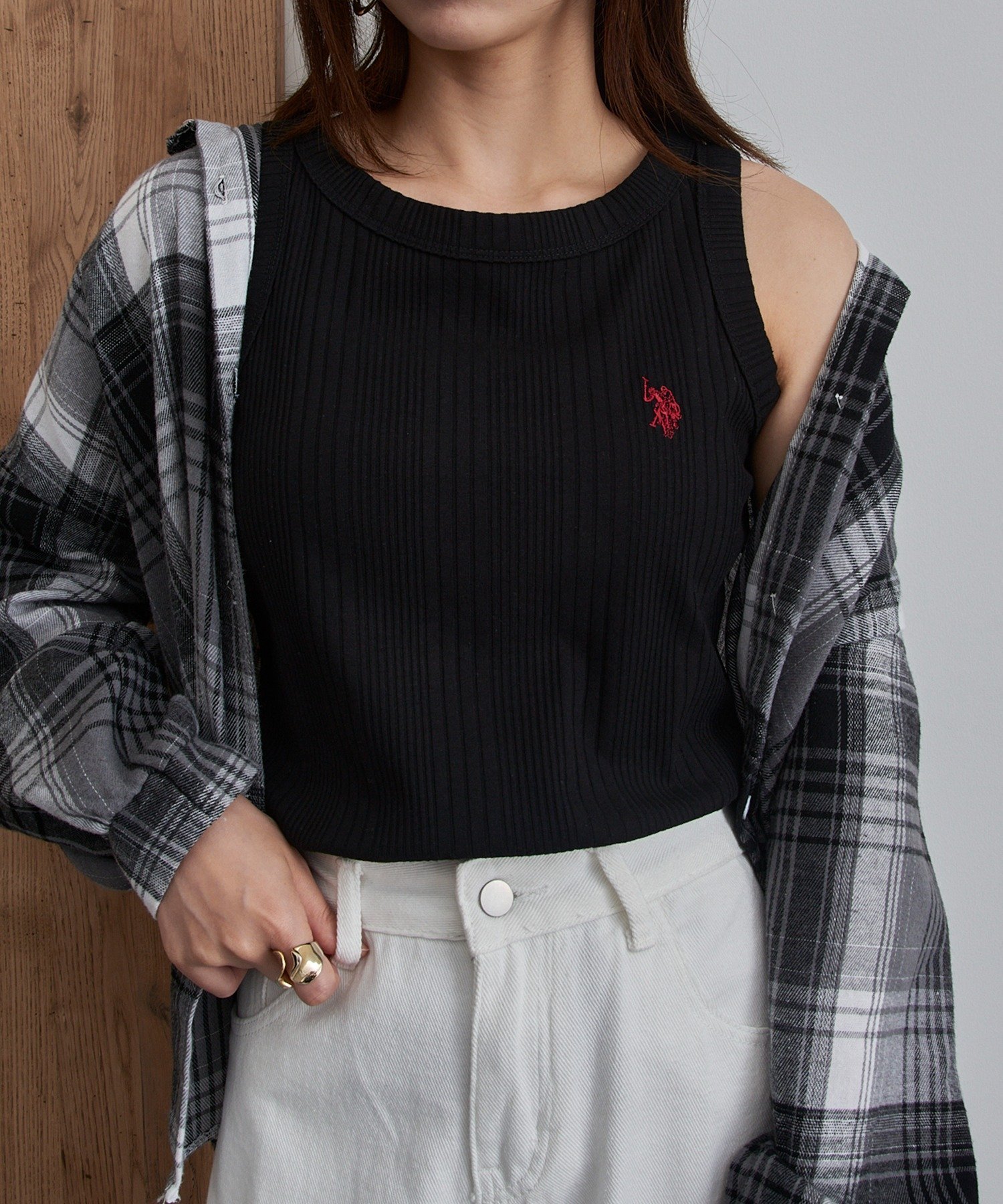 U.S. POLO ASSN. U.S. POLO ASSN./ワンポイント刺繍 ベーシックリブタンクトップ ポロ セットアップセブン トップス ノースリーブ・タンクトップ ホワイト ブラック ネイビー