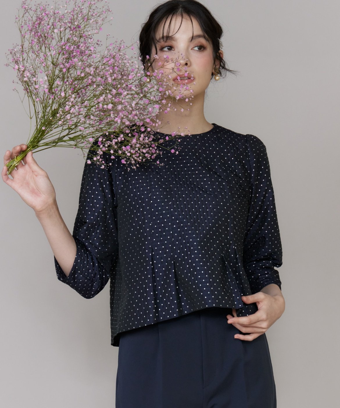 Maglie par ef-de 《プラスサイズ》ラメドットジャガードブラウス マーリエ ル カセット トップス シャツ・ブラウス ネイビー
