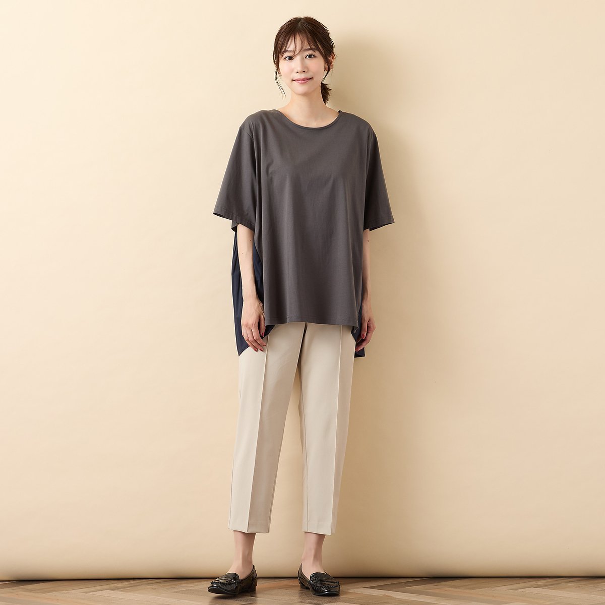 PISANO 【手洗いOK】バイカラー・バックプリーツカットソー ピサーノ トップス カットソー・Tシャツ グレー ネイビー