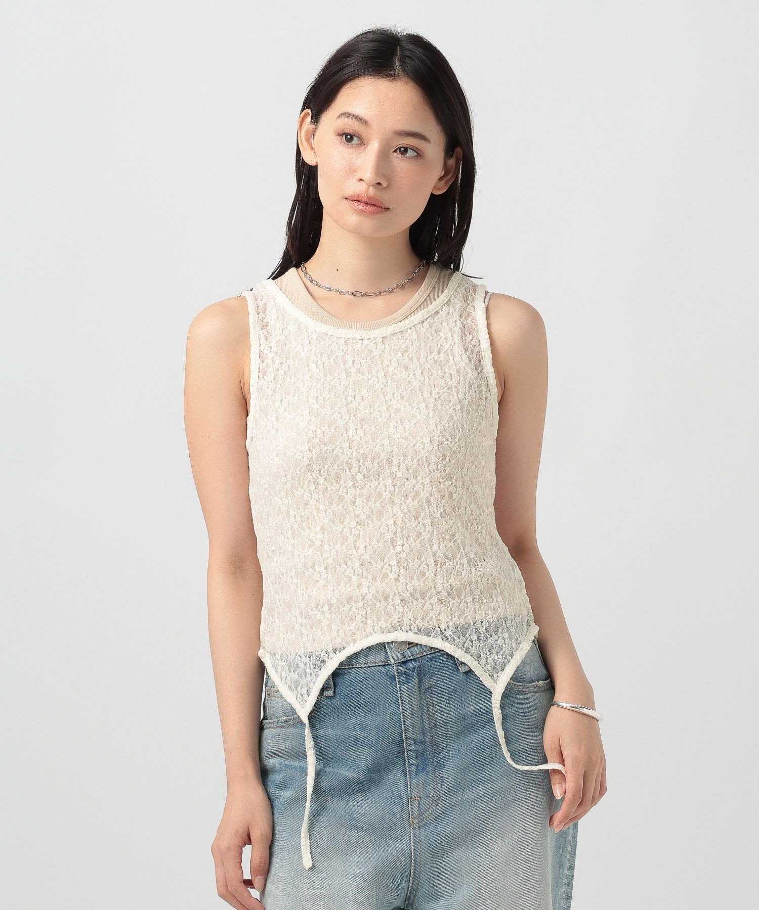 [2Pセット]レース&リブタンク ベイフロー トップス カットソー・Tシャツ ブラウン ブラック ホワイト