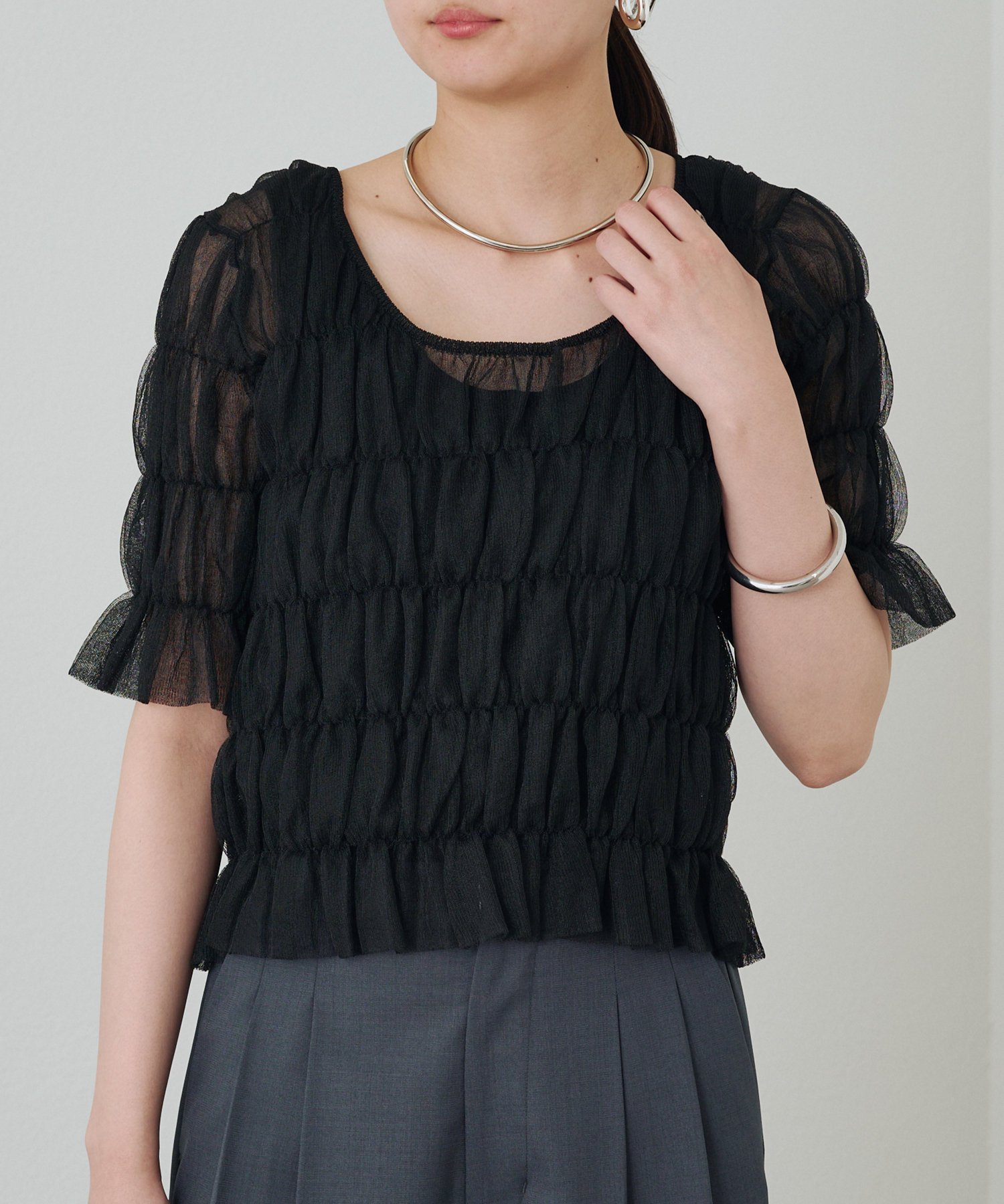 PAL GROUP OUTLET 【Loungedress】シャーリングニットブラウス パル グループ アウトレット トップス ニット ブラック ホワイト