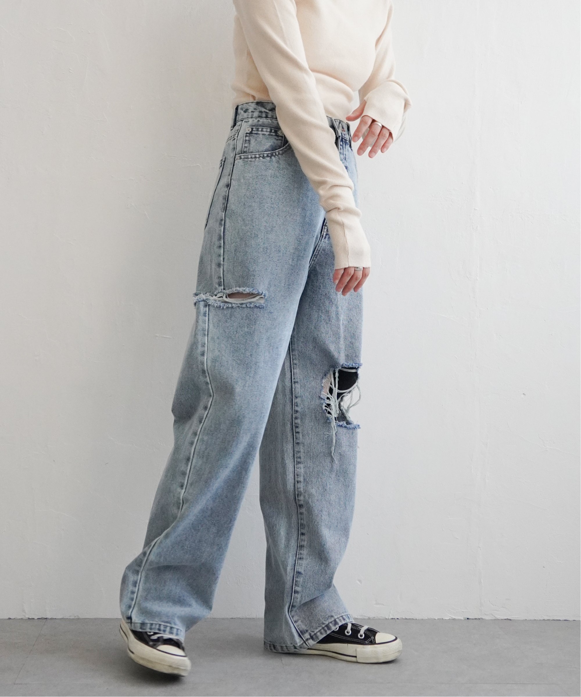 【SALE／60%OFF】VENCE share style Ladys ダメージワイドデニムパンツ ヴァンス エクスチェンジ パンツ その他のパンツ ブルー ネイビー グレー ブラック