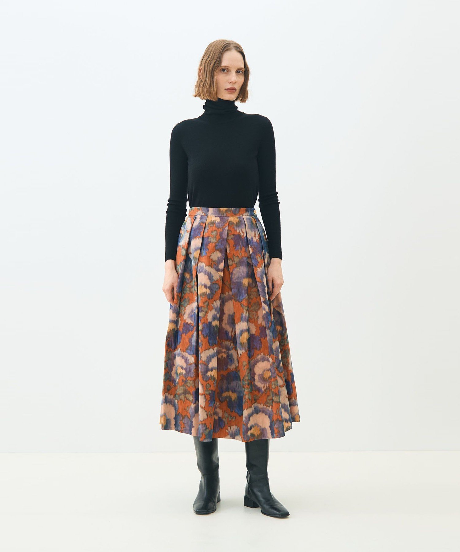 TOMORROWLAND collection ヴァーミリオンプリント タックスイングスカート トゥモローランド スカート ミディアムスカート オレンジ【送料無料】