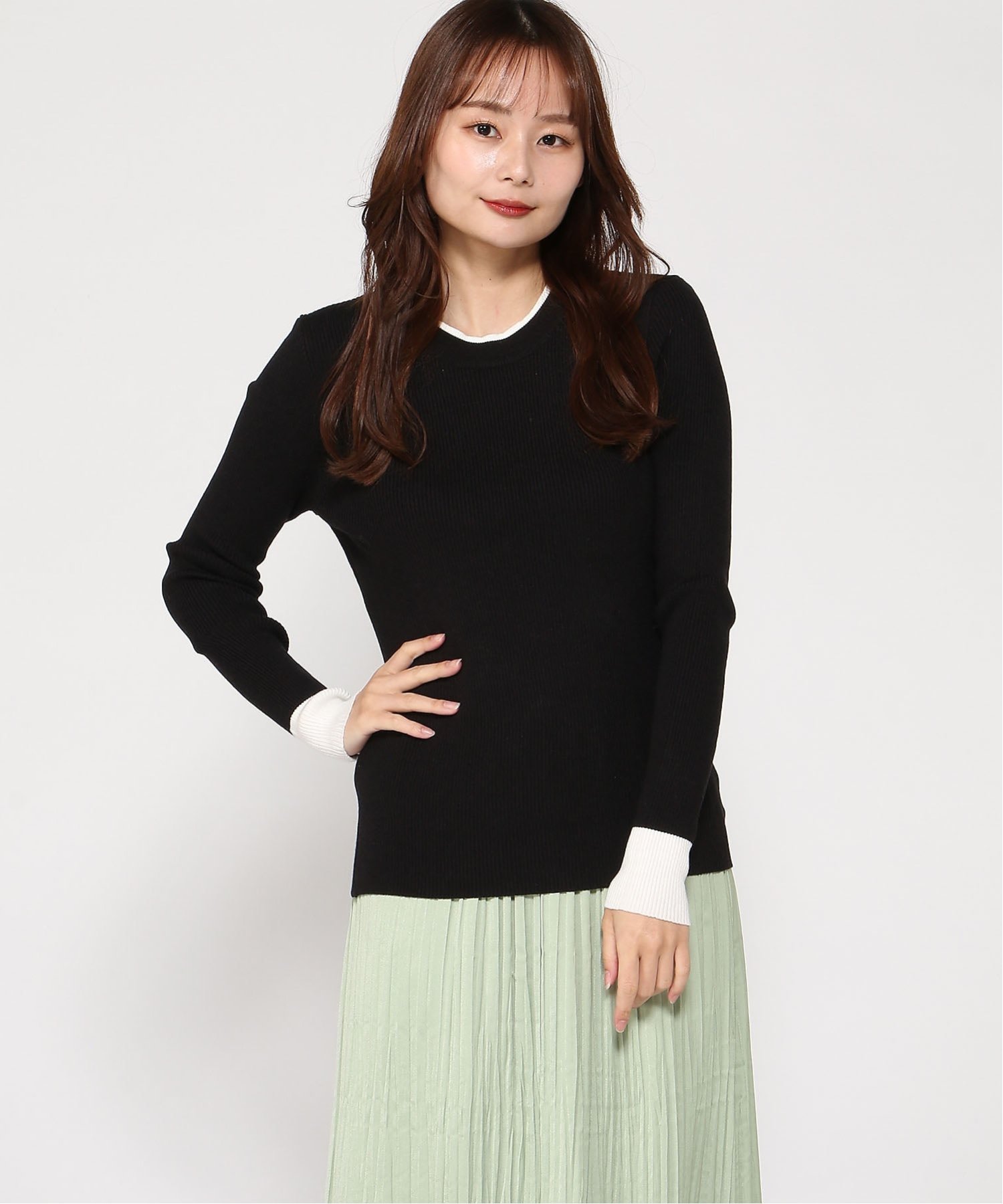 VIVIDLADY VIVIDLADY/(W)配色リブクルーネックニットプルオーバー ビビッドレディー トップス ニット ブラック グレー ホワイト