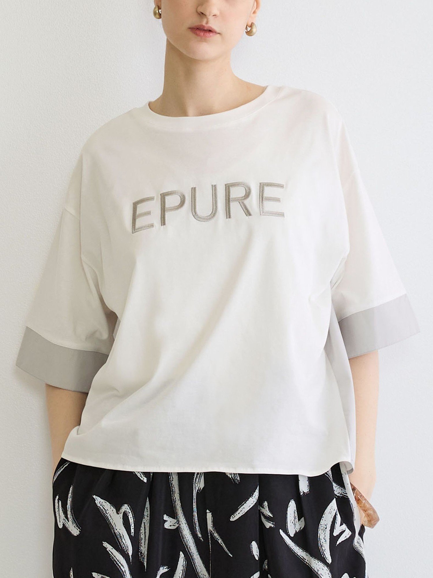 NICOLE white 異素材使いプリントTシャツ ニコル クラブ トップス カットソー・Tシャツ ブルー グレー ホワイト