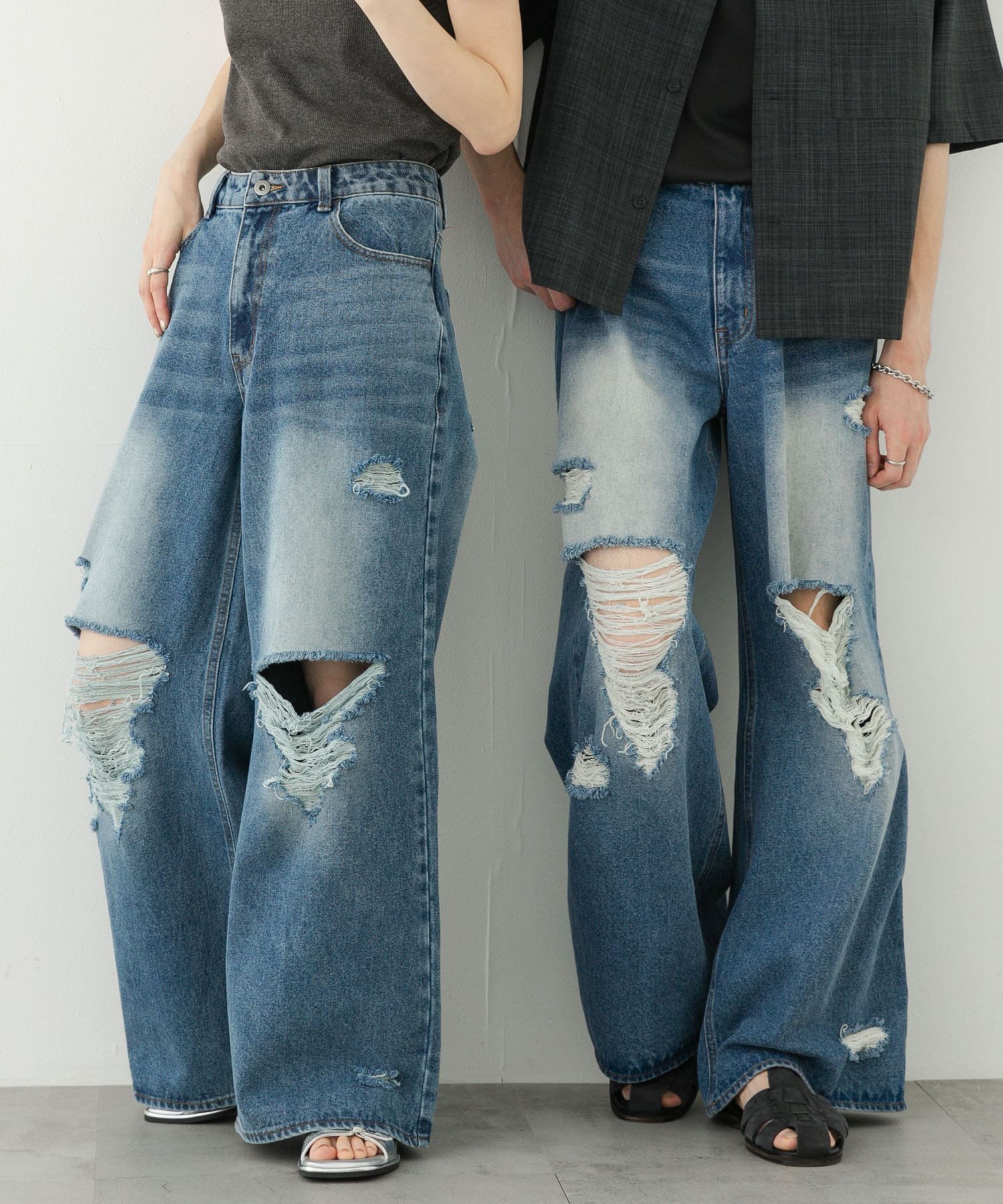 【SALE／60%OFF】SENSE OF PLACE 『ユニセックス』ダメージデニムワイドパンツ センス オブ プレイス パンツ ジーンズ・デニムパンツ ブラック ネイビー