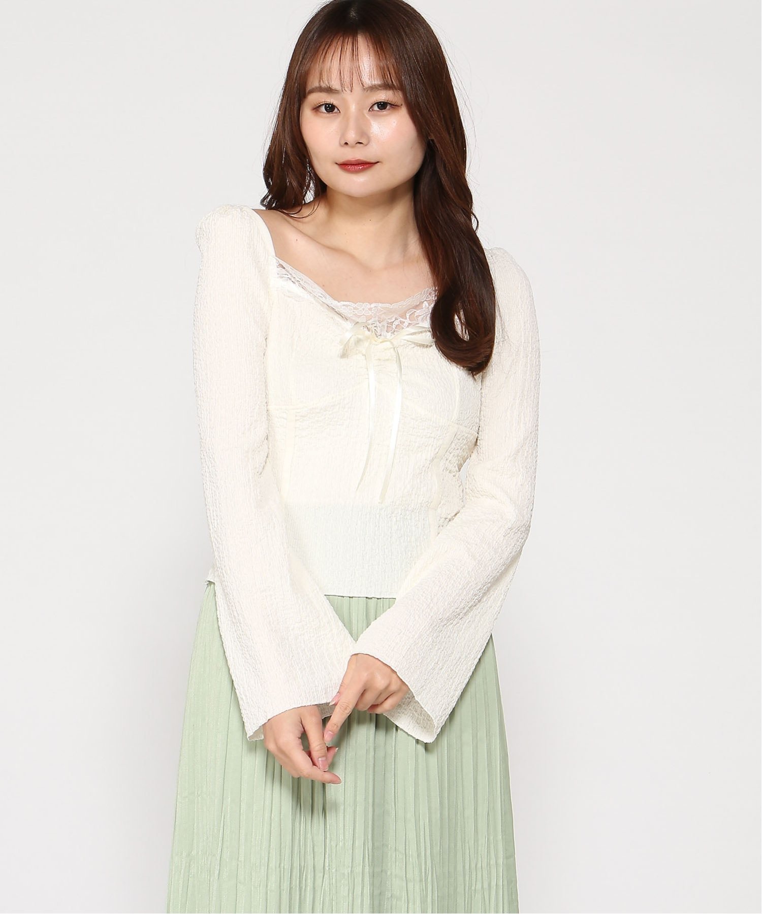 VIVIDLADY VIVIDLADY/(W)エンボス レースドッキングトップス ビビッドレディー トップス カットソー・Tシャツ カーキグリーン ホワイト