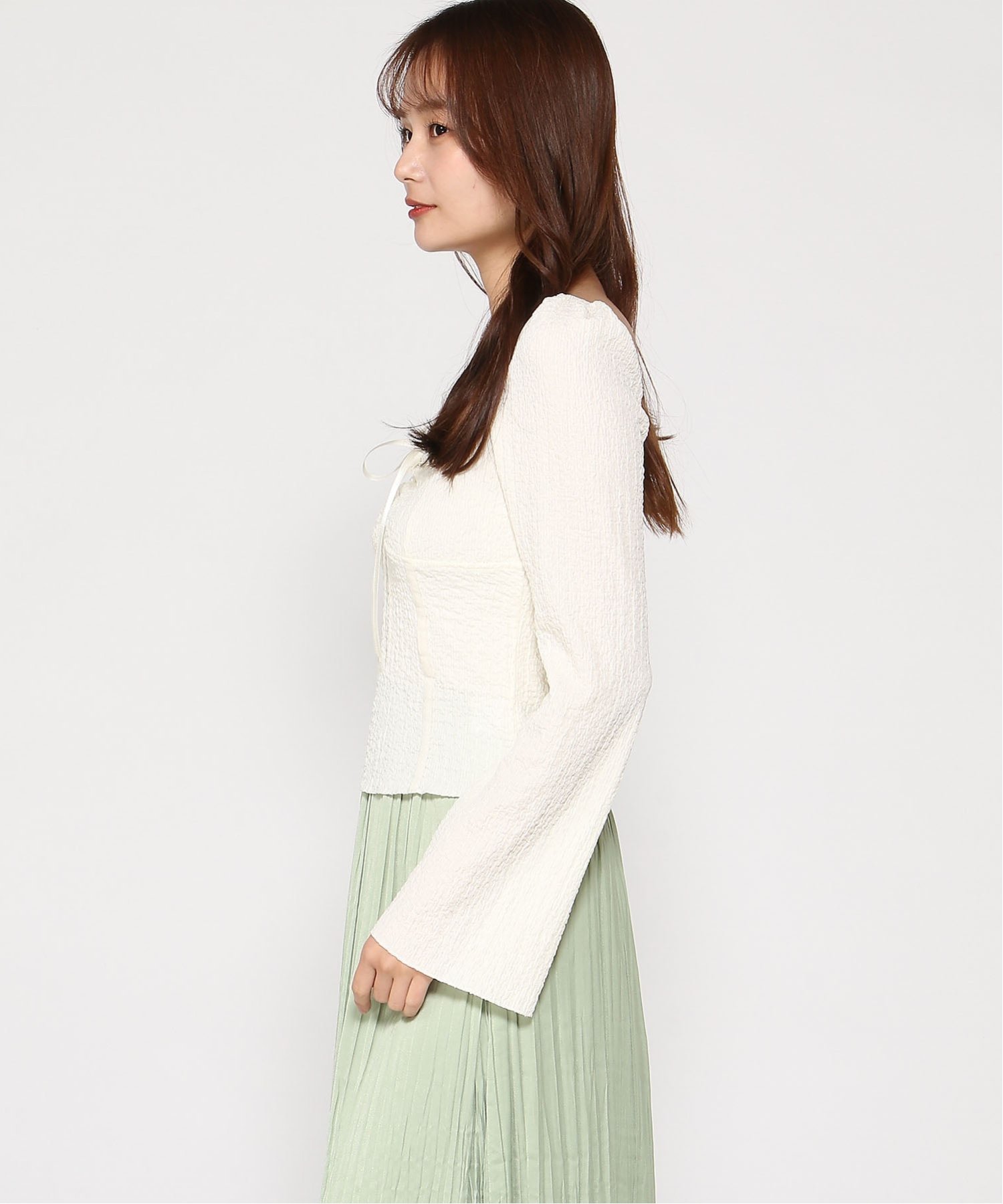 VIVIDLADY VIVIDLADY/(W)エンボス レースドッキングトップス ビビッドレディー トップス カットソー・Tシャツ カーキグリーン ホワイト