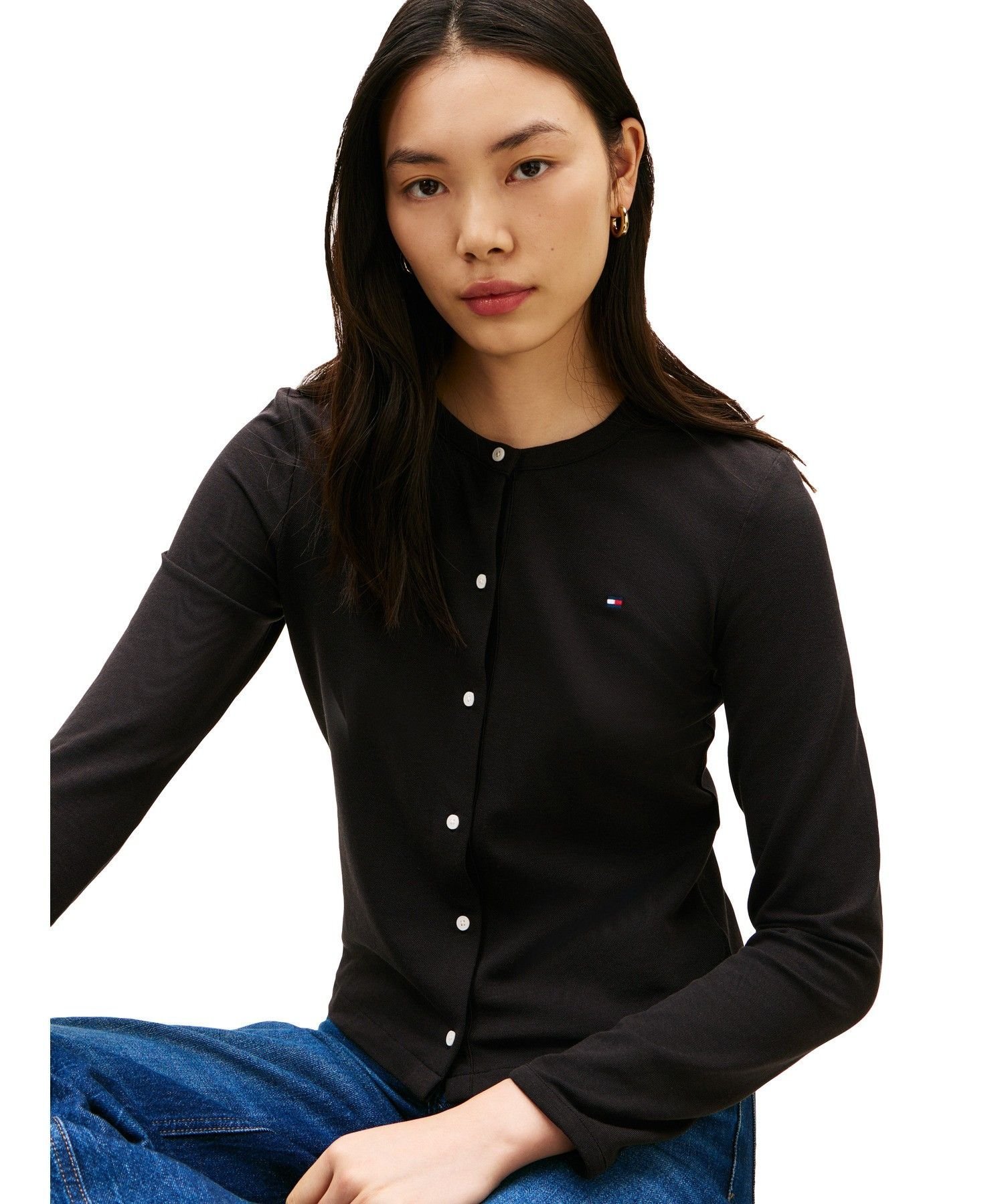 TOMMY HILFIGER コットンストレッチクルーネックロングスリーブTシャツ26SS トミーヒルフィガー トップス カットソー・Tシャツ ブラック【送料無料】