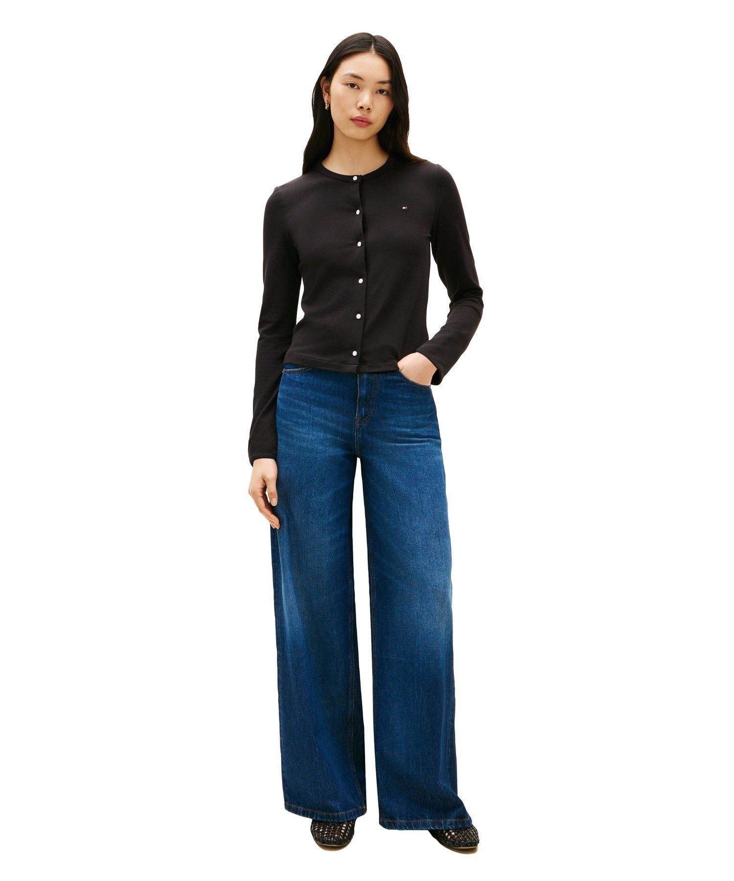 TOMMY HILFIGER コットンストレッチクルーネックロングスリーブTシャツ26SS トミーヒルフィガー トップス カットソー・Tシャツ ブラック【送料無料】