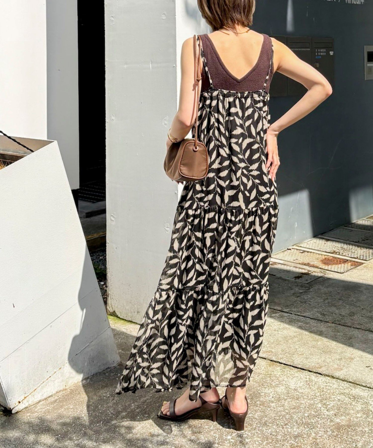 NOLLEY'S 【Import Fabric】ウォッシャブル楊柳リーフ柄ウエストリボンワンピース ノーリーズ ワンピース・ドレス ワンピース グレー ブラウン【送料無料】