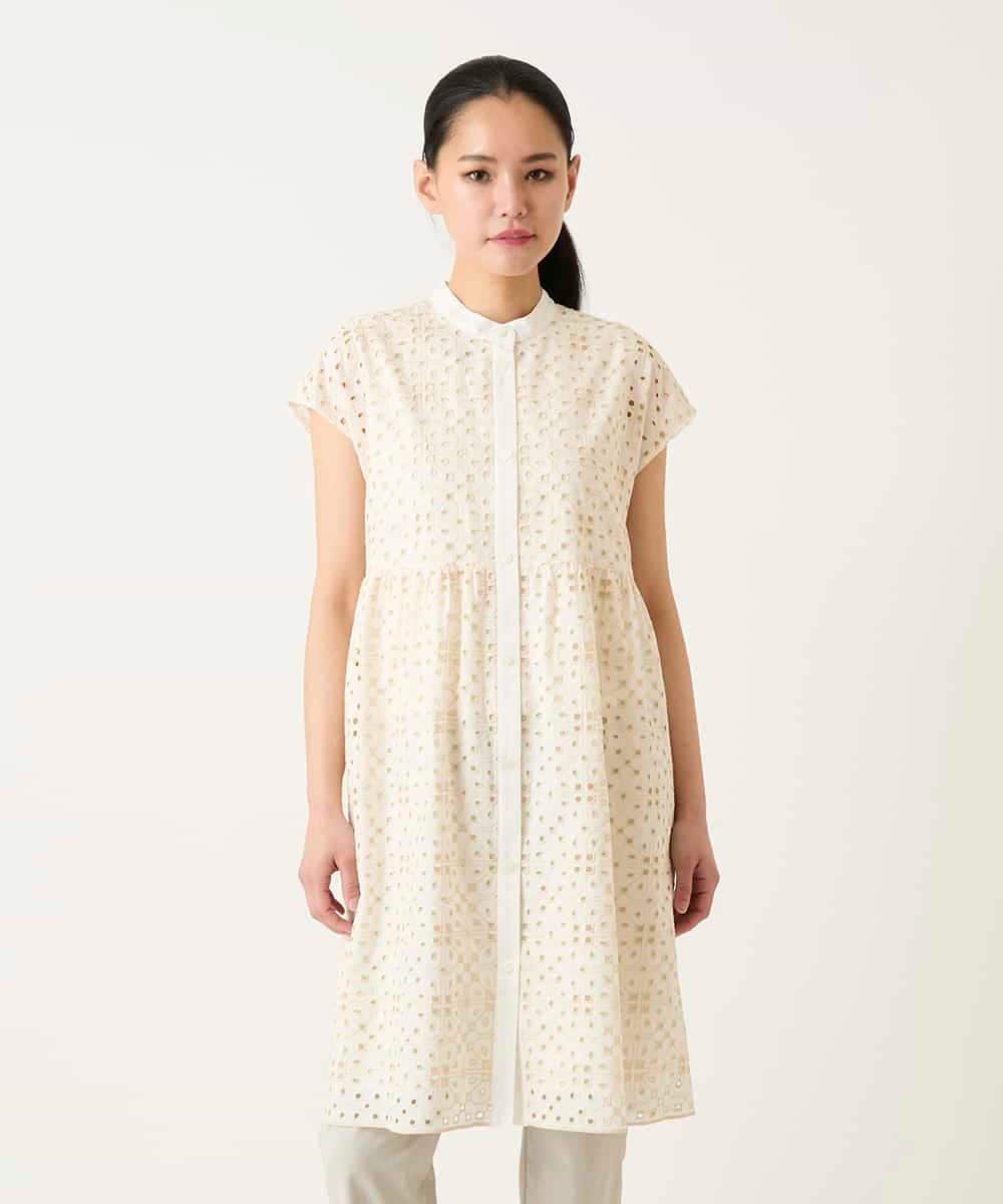HIROKO BIS アイレット刺繍フレンチスリーブチュニックブラウス ヒロコ ビス ワンピース・ドレス チュニック イエロー ホワイト