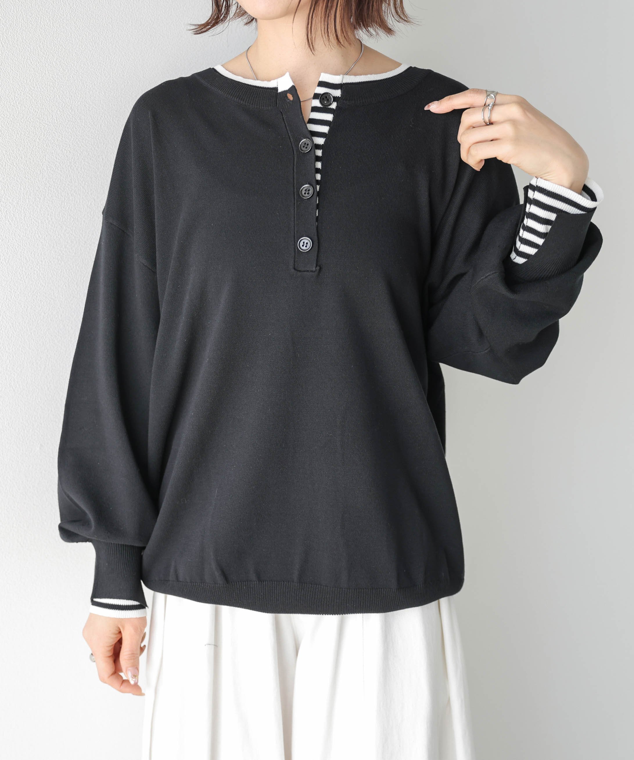 La-gemme 前後2way 配色ヘンリーネック ニットトップス ラジュール トップス ニット ベージュ グレー ブラック ネイビー【送料無料】