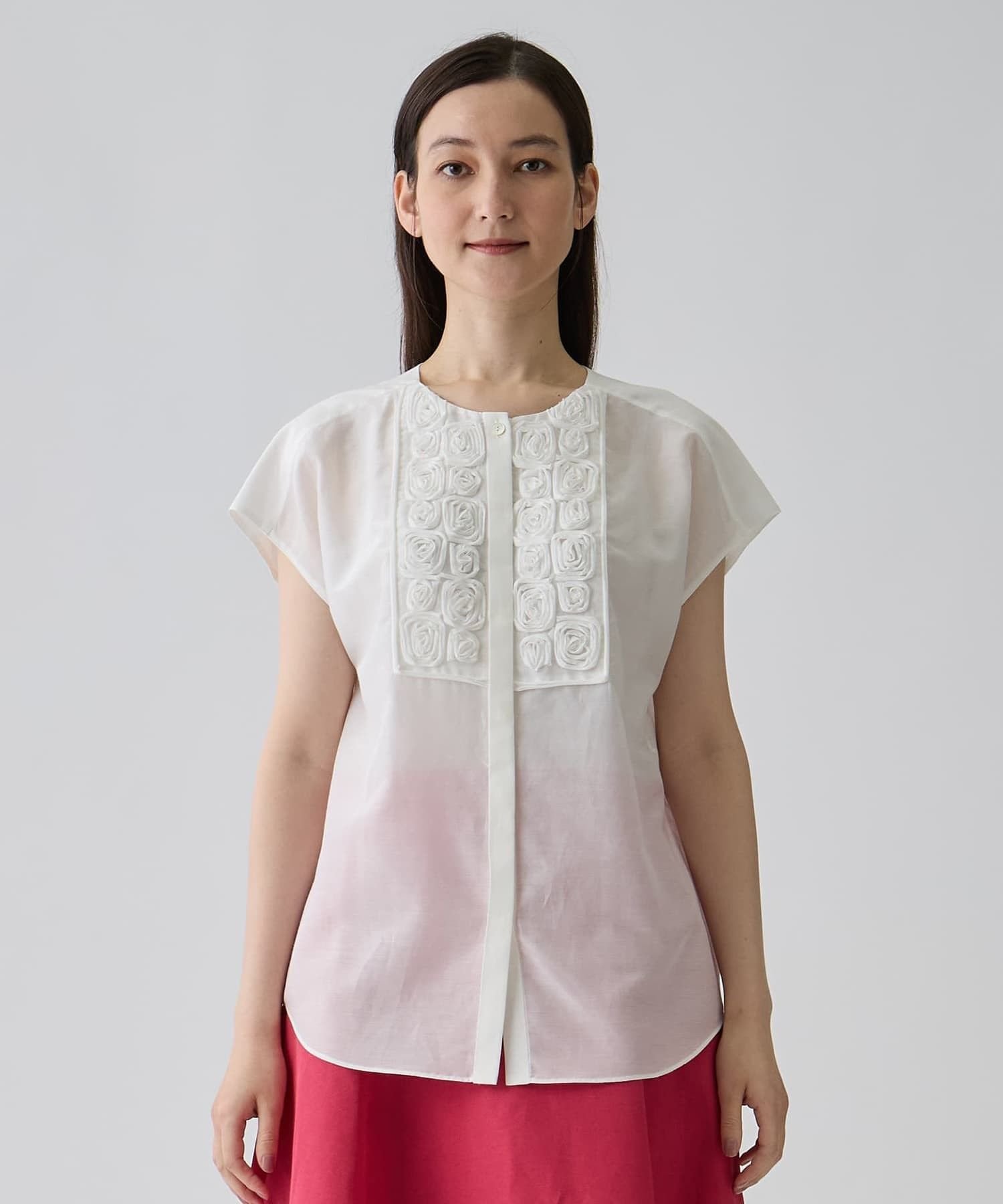 コットンシルク ローズ刺繍ブラウス ランバン コレクション トップス シャツ・ブラウス ホワイト ブラック