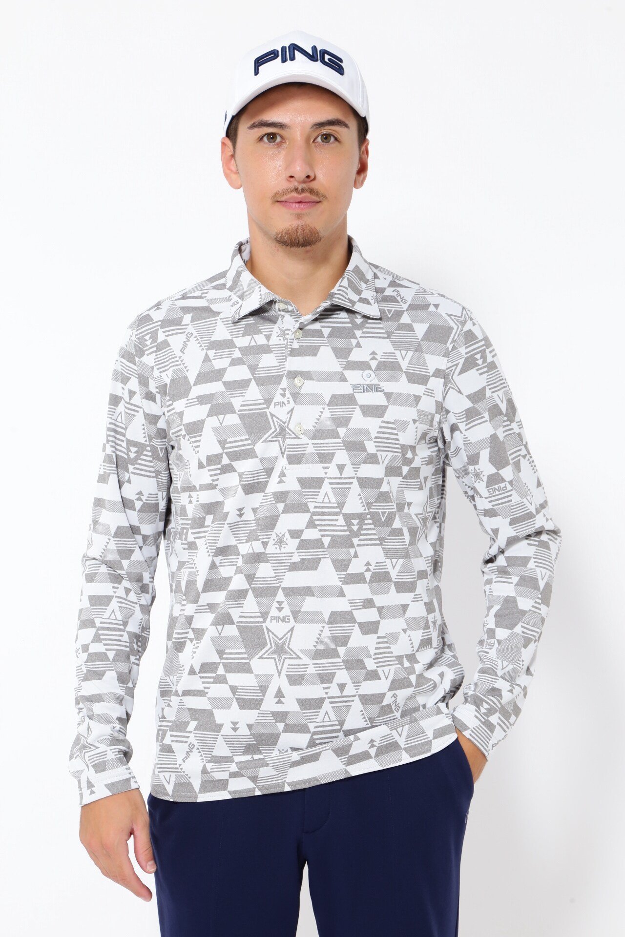 【SALE／70%OFF】PING APPAREL Geometris point柄ジャガード 長袖ポロシャツ ＜NATIVE＞ (MENS) ピン アパレル トップス ポロシャツ グレー ホワイト