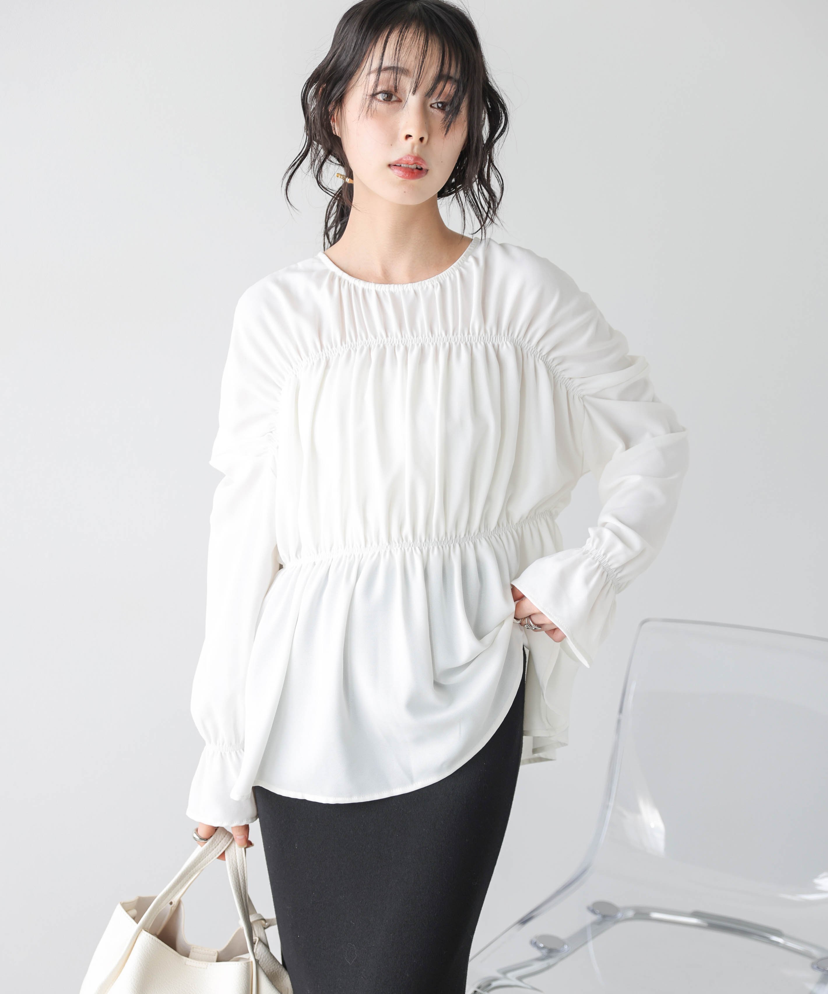 La-gemme 前後2way ギャザーリボンブラウス ラジュール トップス シャツ・ブラウス ベージュ ブラック ホワイト