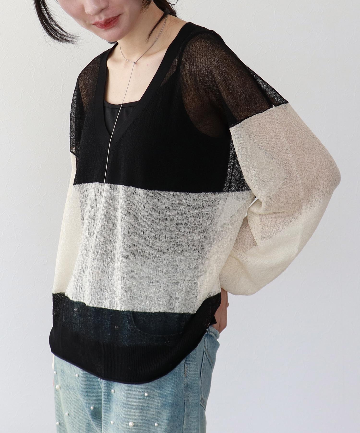 Three Four Time Three Four Time/バイカラーVネックPO スリーフォータイム トップス ニット ブラック ブルー【送料無料】のサムネイル