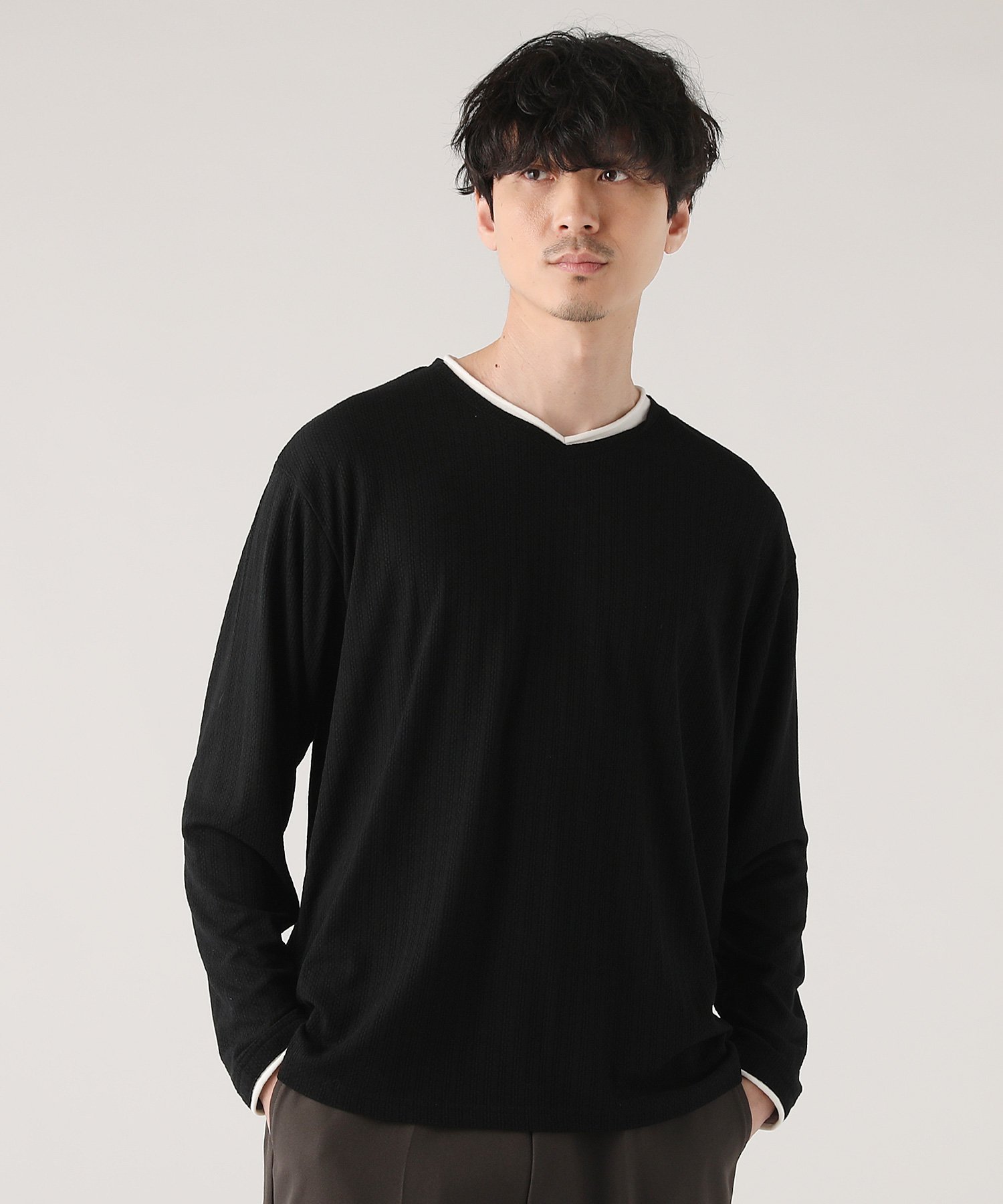 ALLOWED TO UNFOLD コードリップルロールVネック長袖カットソー カジュアル トップス カットソー・Tシャツ ブラック グレー ブルー ホワイト ピンク【送料無料】