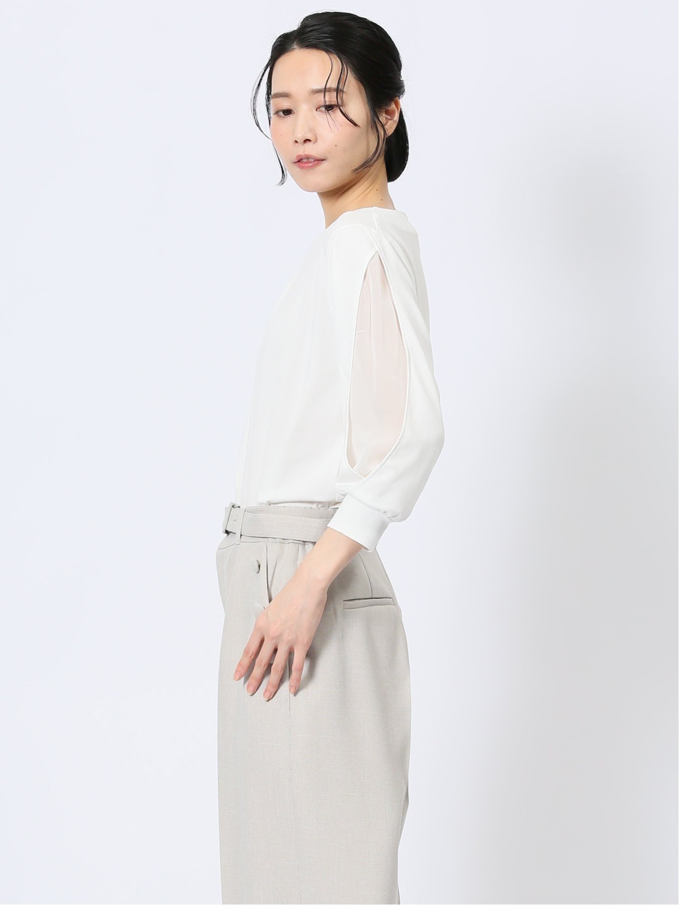 【SALE／50%OFF】m.f.editorial カットジョーゼット 7分袖 クループルオーバー タカキュー トップス カットソー・Tシャツ ホワイト