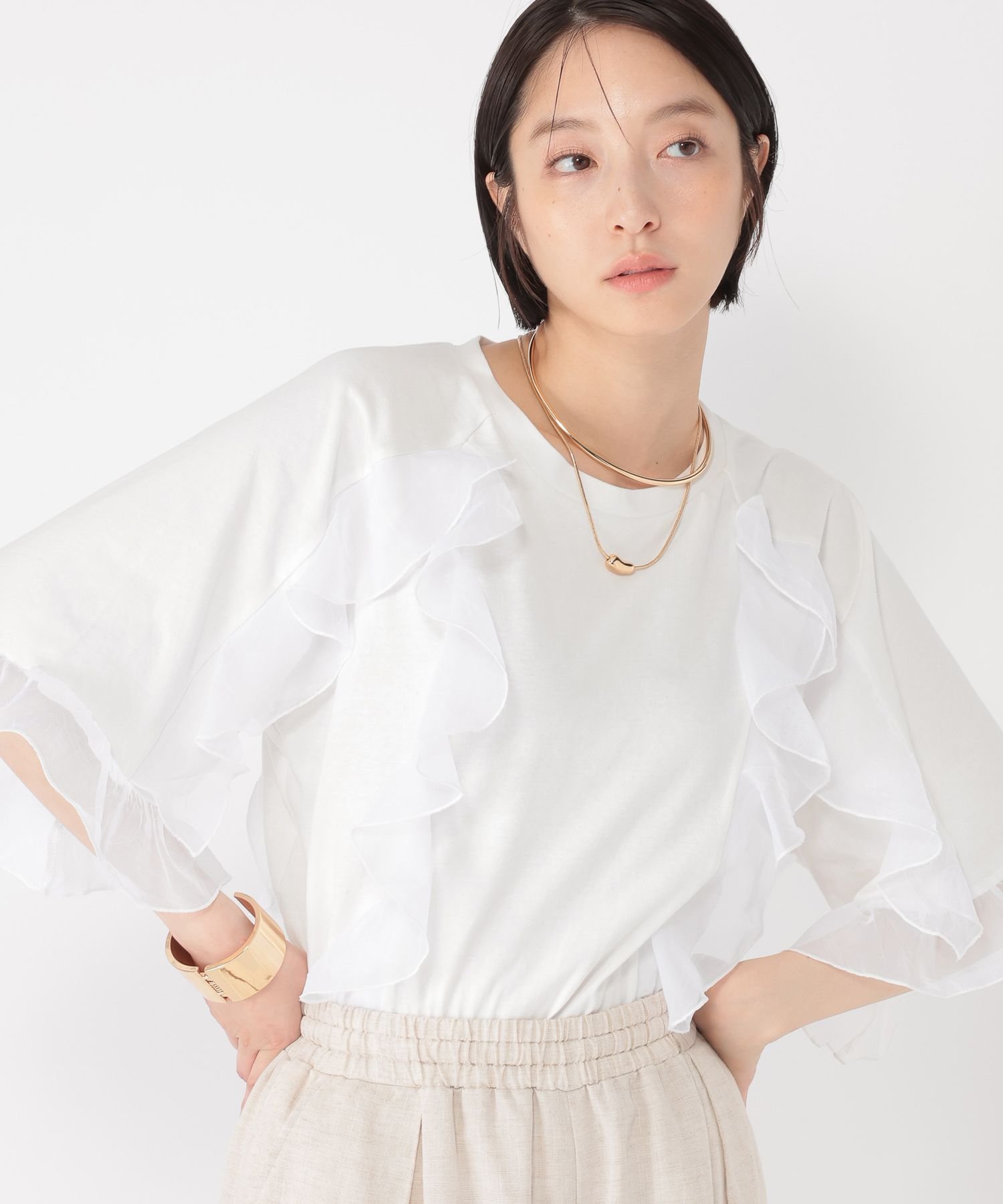 【daily CLIP】ラグランフリルカットソー スタディオクリップ トップス カットソー・Tシャツ ホワイト ブラック