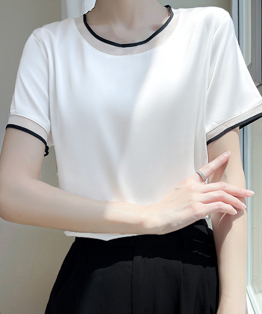 miniministore クルーネック サテン風シャツブラウス ミニミニストア トップス シャツ・ブラウス ホワイト ブラック