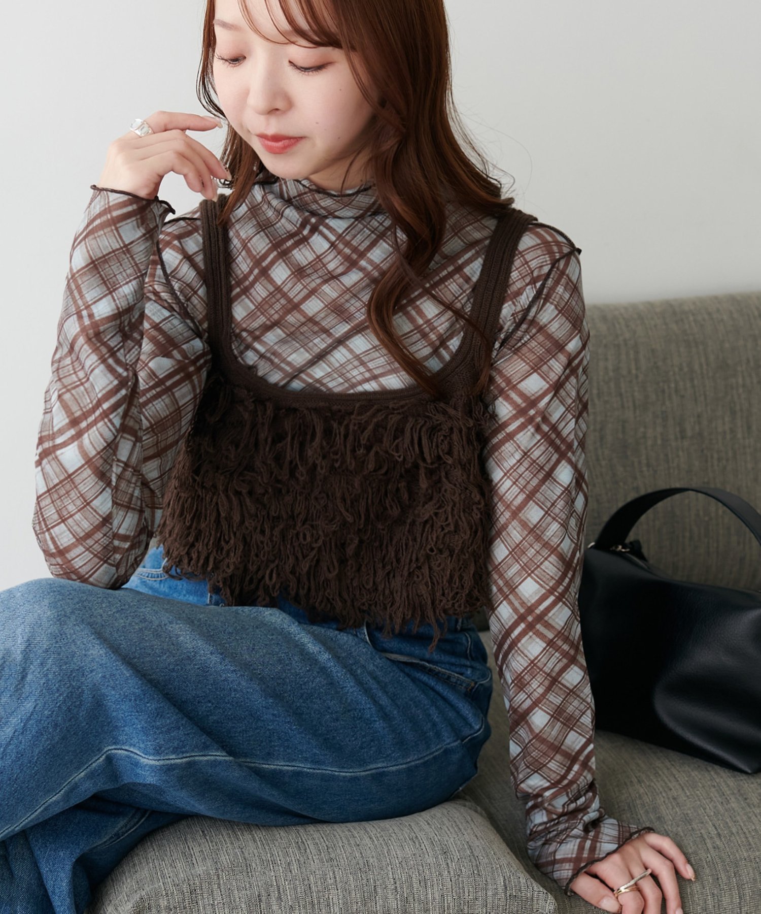 Discoat 【新色追加!/WEB限定】チェックボトルネックプルオーバー ディスコート トップス カットソー・Tシャツ ブラック ブラウン ブルー