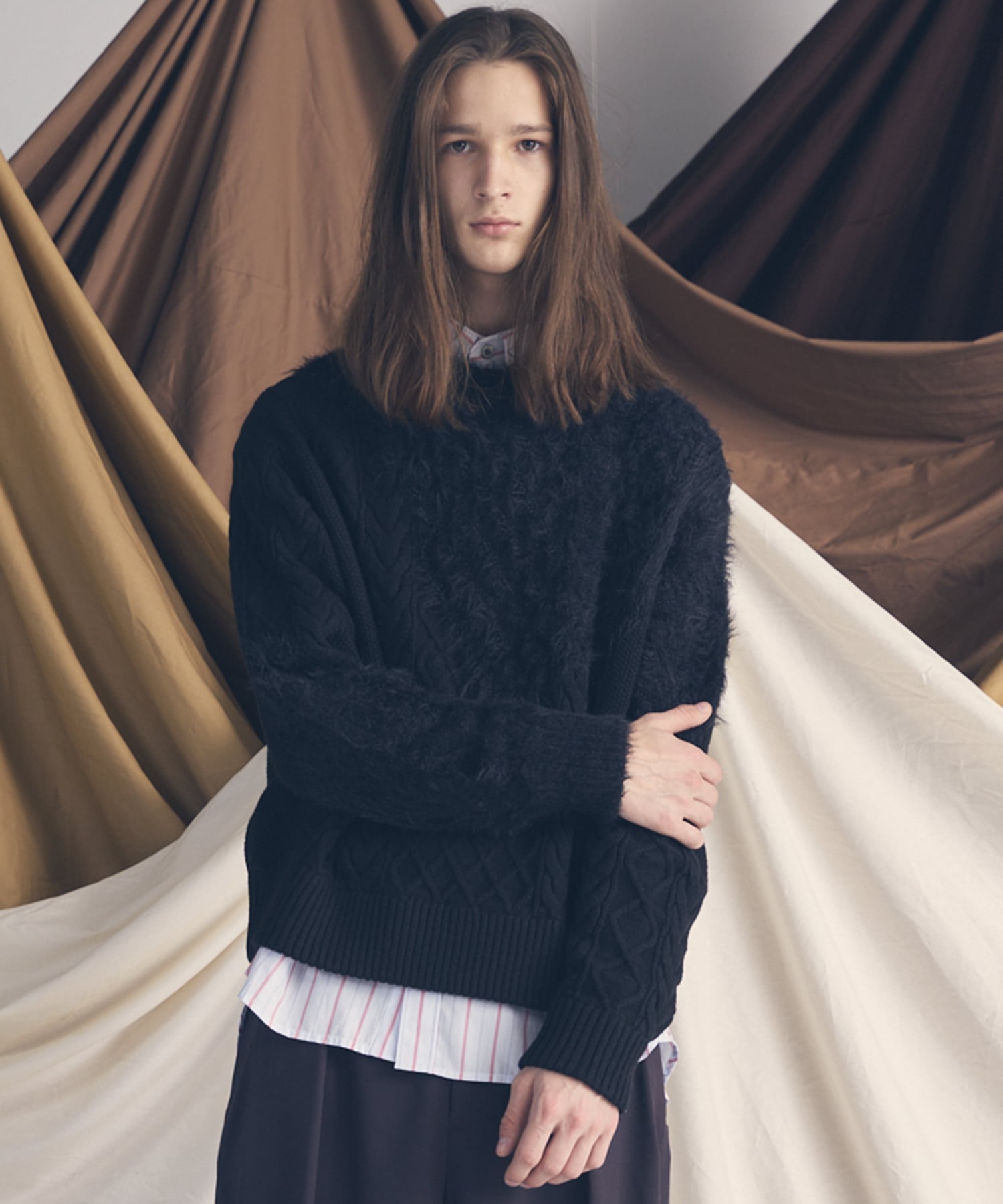 MAISON SPECIAL Cable Shaggy Mix Prime-Over Crew Neck Knit Pullover メゾンスペシャル トップス ニット ブラック グレー ブラウン【送料無料】