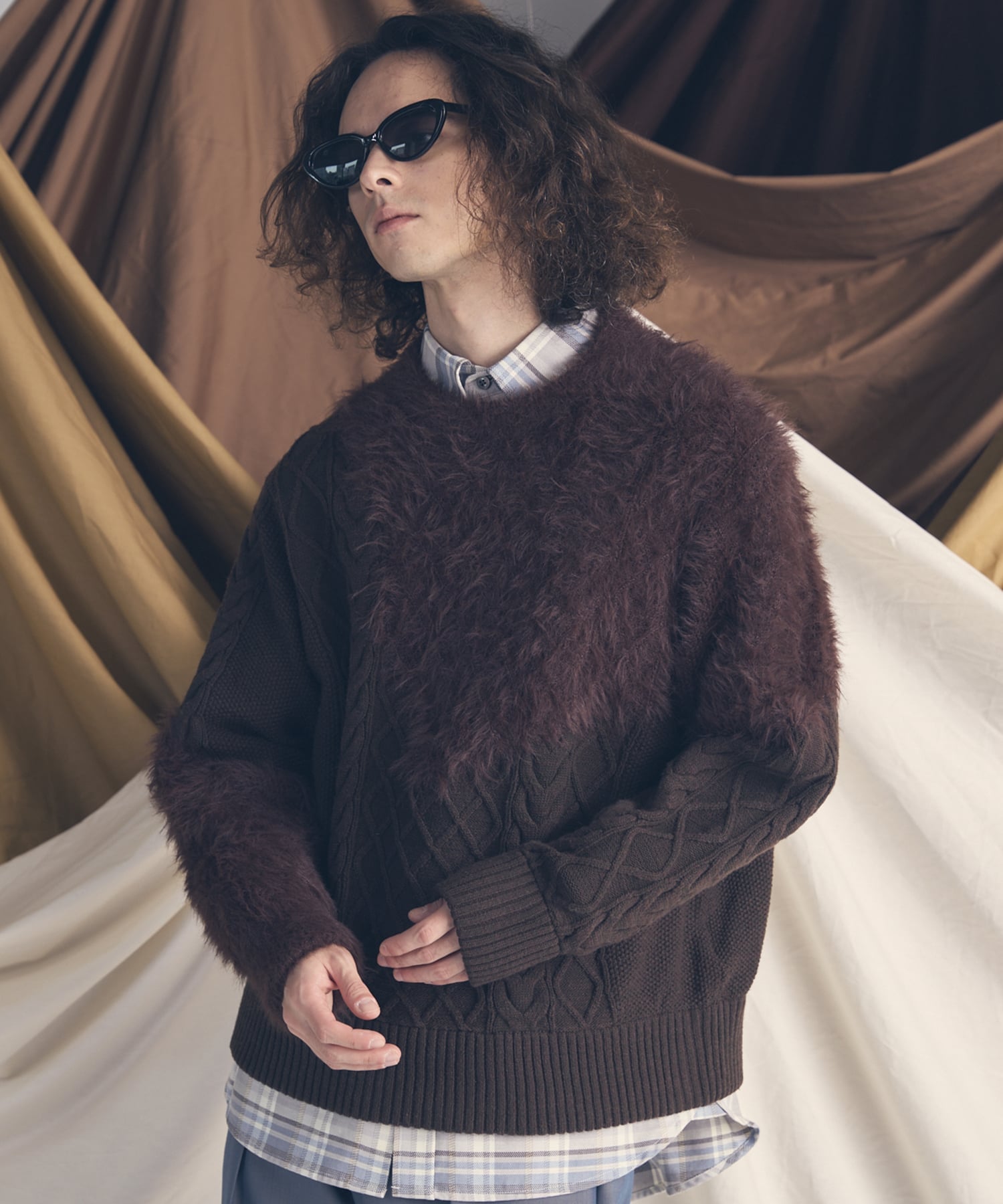 MAISON SPECIAL Cable Shaggy Mix Prime-Over Crew Neck Knit Pullover メゾンスペシャル トップス ニット ブラック グレー ブラウン【送料無料】
