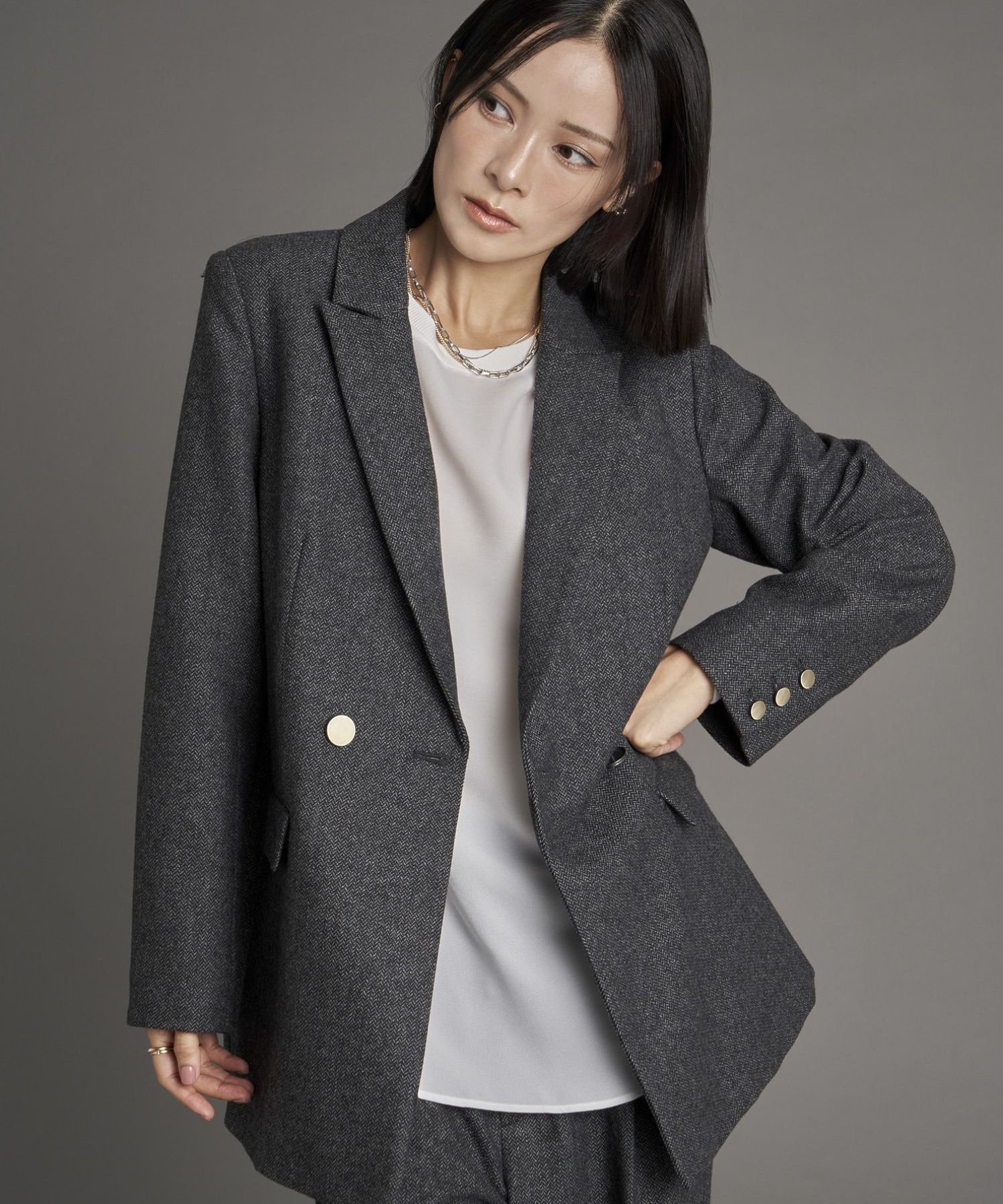 YECCA VECCA 【尾崎紗代子×YECCA VECCA】ツイードテーラードジャケット イェッカヴェッカ ジャケット・アウター テーラードジャケット・ブレザー グレー ブラウン【送料無料】