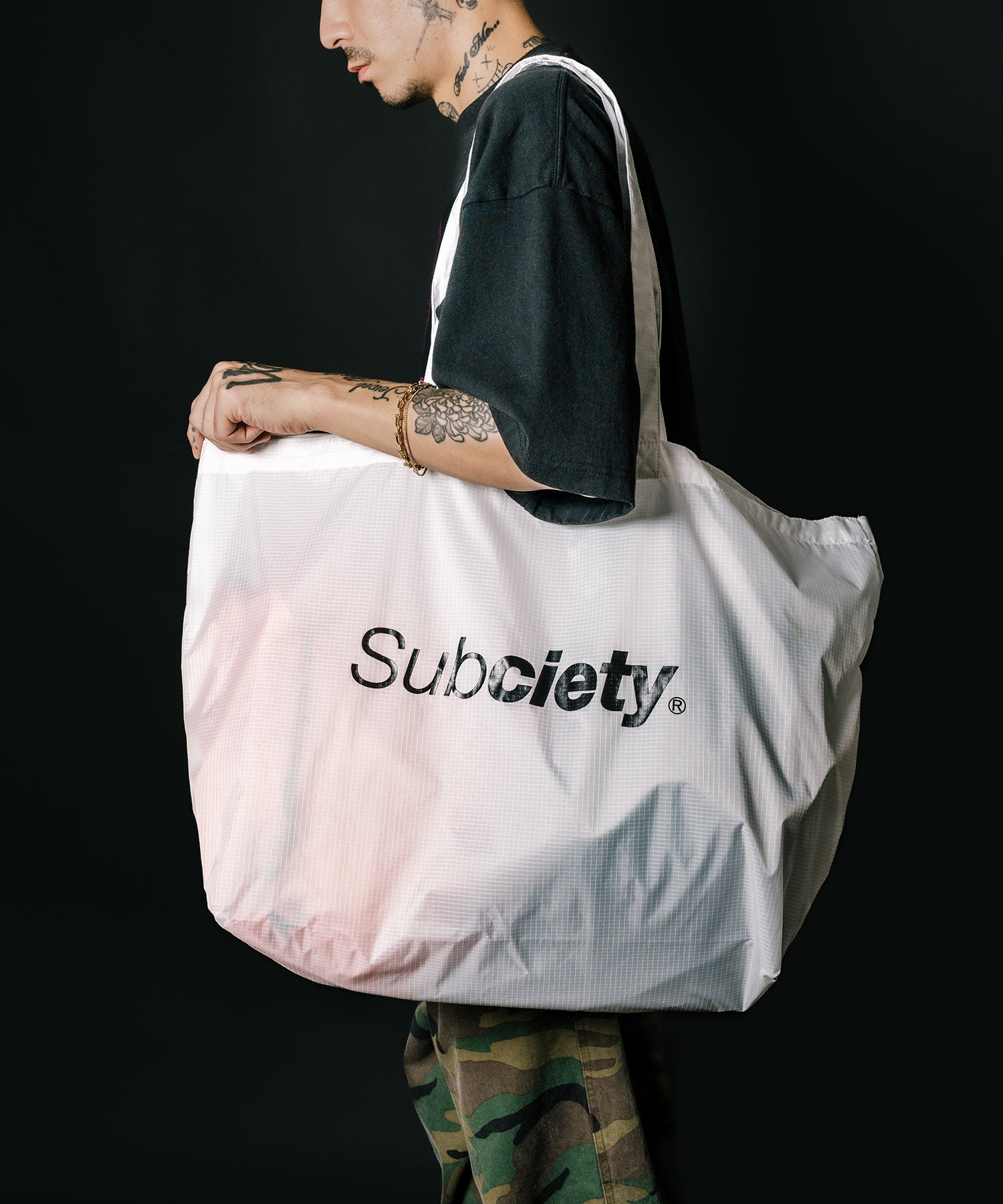Subciety Nylon big tote bag サブサエティ バッグ トートバッグ グリーン オレンジ ブラック ホワイト