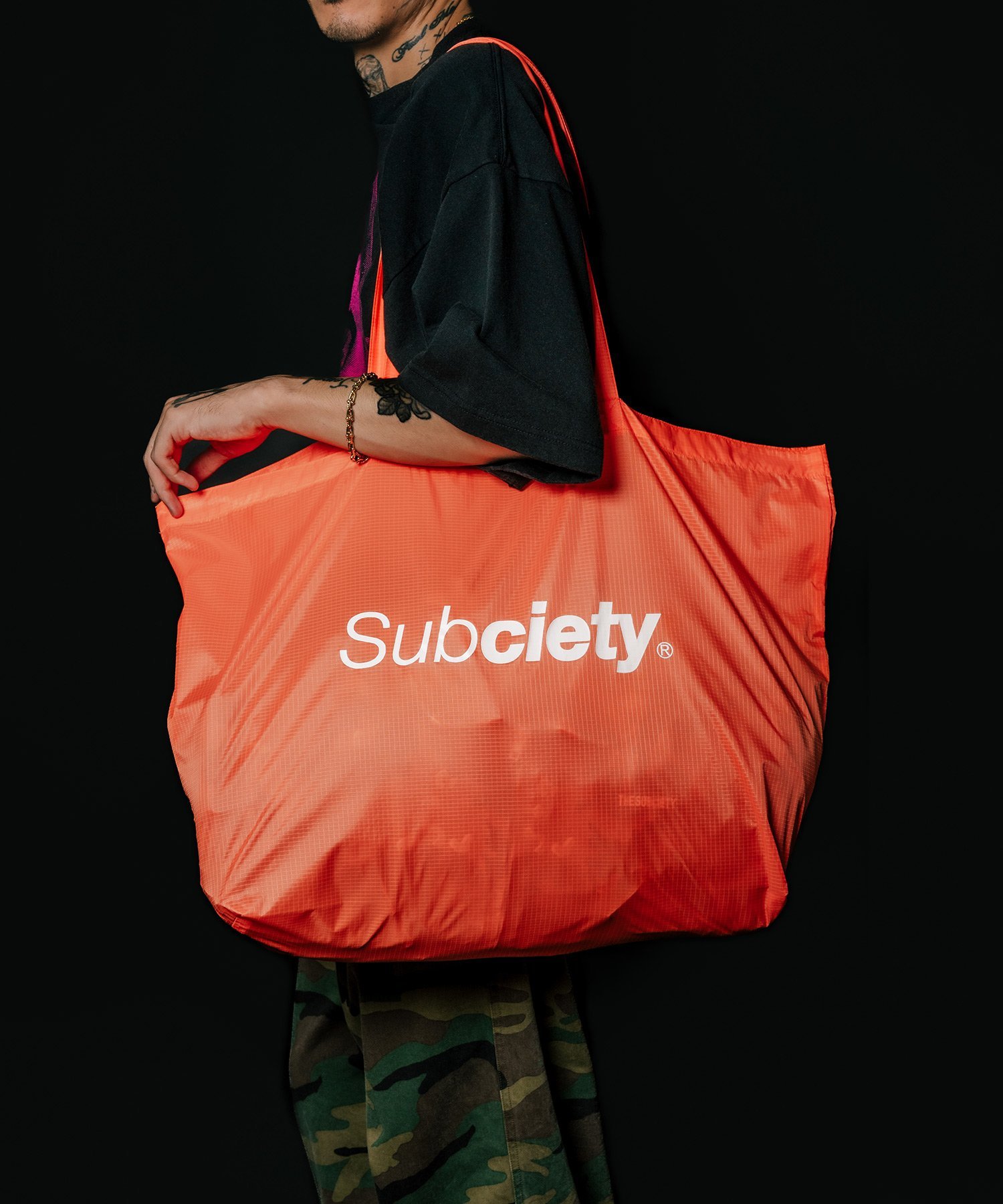 Subciety Nylon big tote bag サブサエティ バッグ トートバッグ グリーン オレンジ ブラック ホワイト