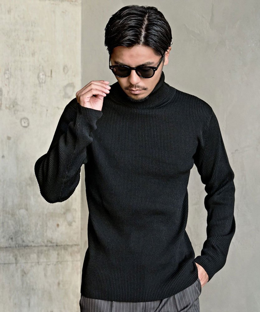 CavariA CavariA 12G 2*2リブタートル シルバーバレット トップス ニット ブラック ネイビー【送料無料】