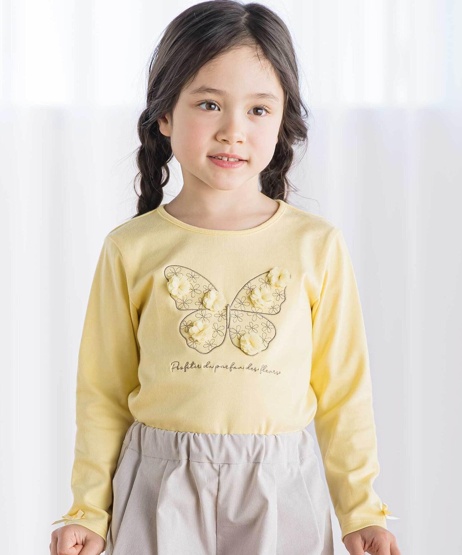 BeBe Flower Motif Butterfly Embroidery Smooth Long-Sleeve T-Shirt (80-150cm) BeBe Online Store Tops Cut & Sewn T-Shirt Yellow Purple [Free Shipping]