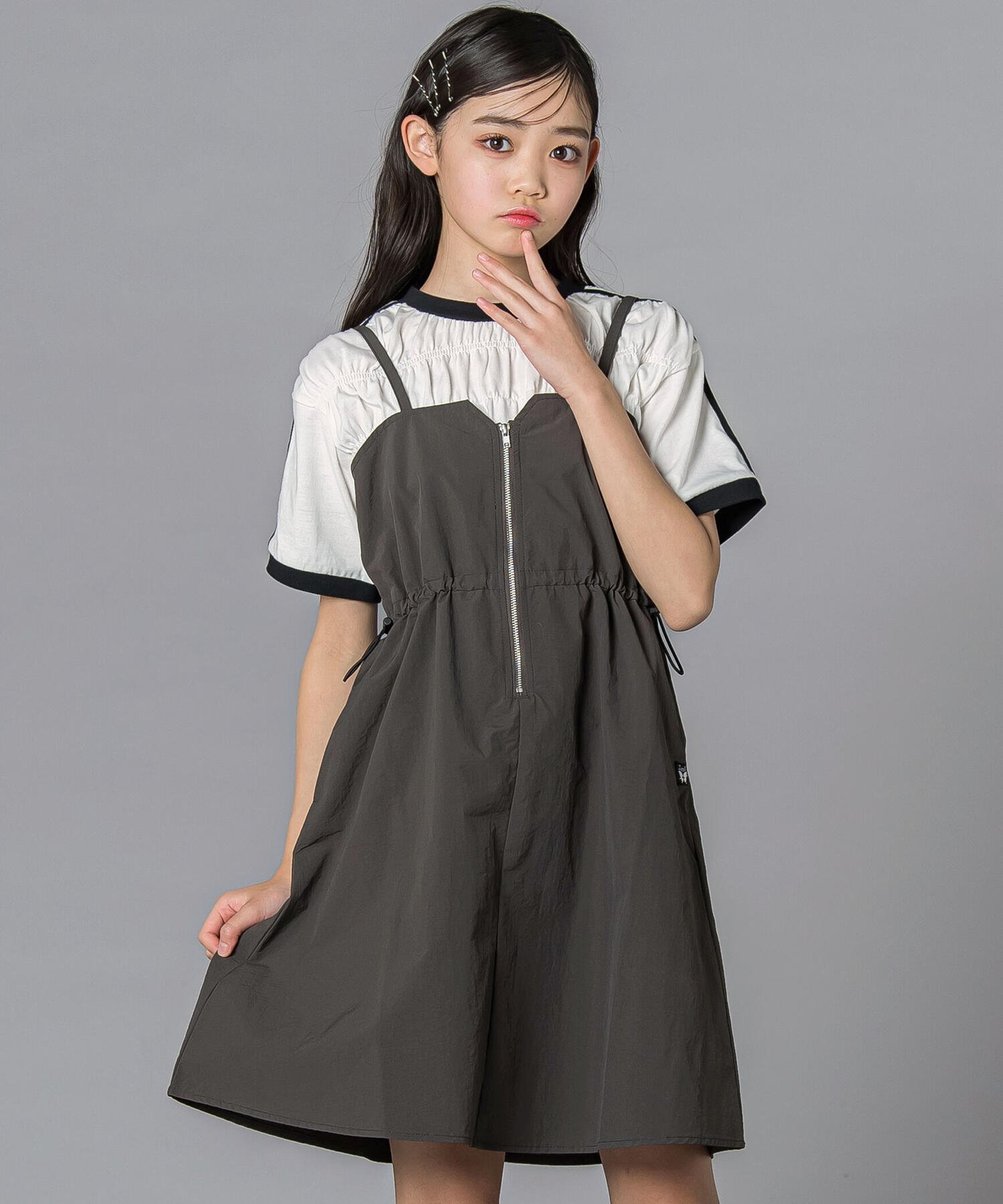 ZIDDY ZIPナイロンキャミジャンパースカート(130~160cm) ベベ オンライン ストア ワンピース・ドレス ジャンパースカート ブラック グレー【送料無料】