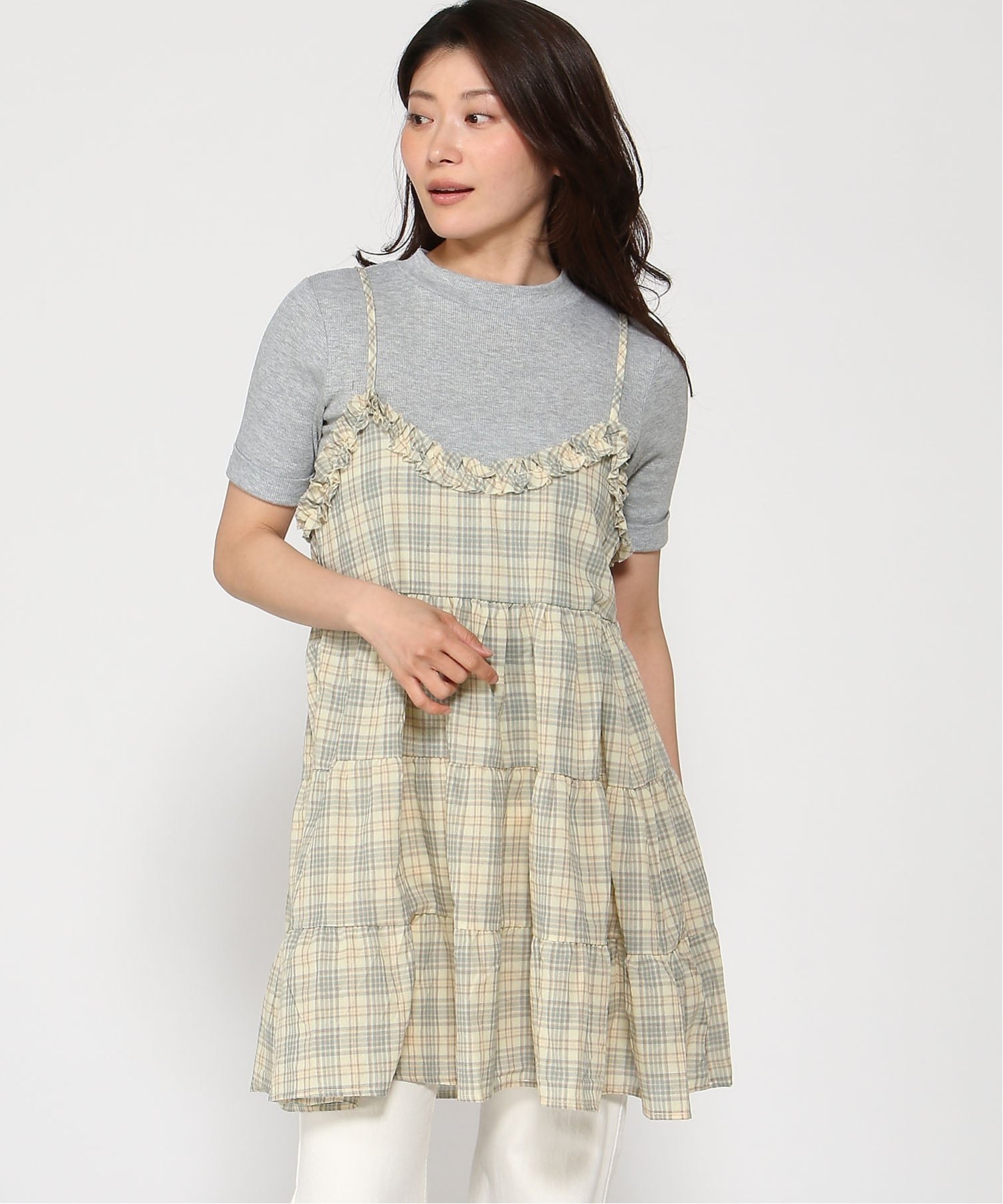 Short - VIVIDLADY VIVIDLADY/(W)チェック フリル キャミソールワンピース ビビッドレディー ワンピース・ドレス ワンピース イエロー ピンク【送料無料】