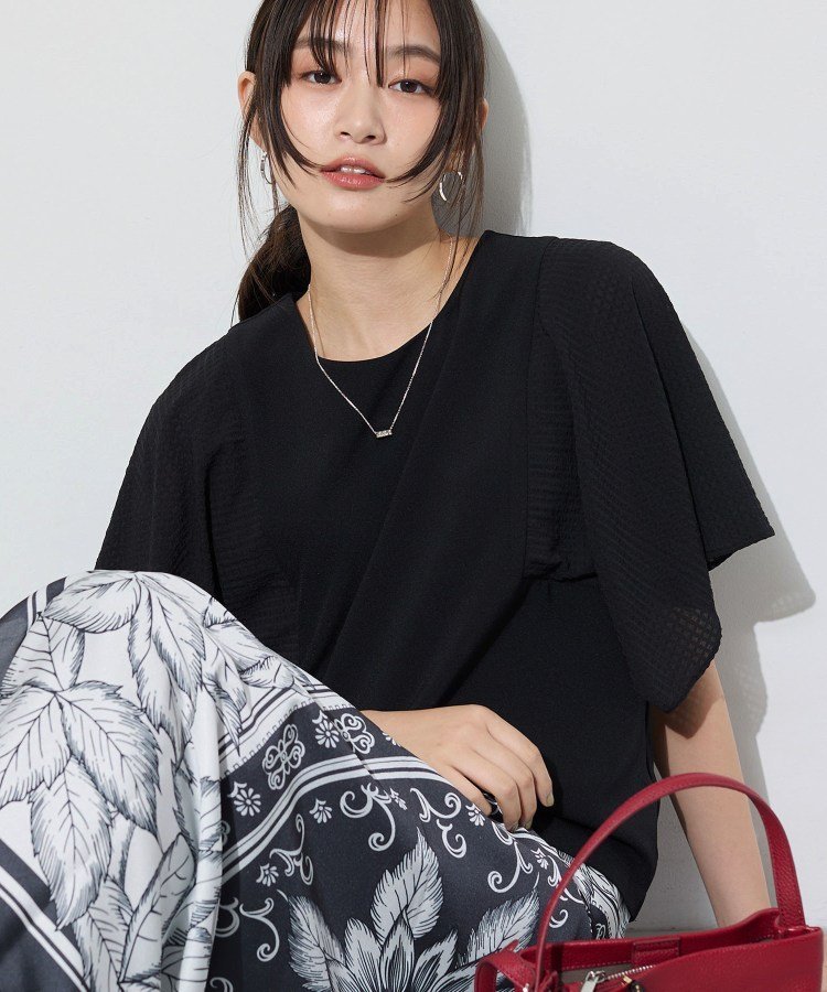 【洗える/シアーチェック柄】異素材コンビスリーブトップス インディヴィ トップス カットソー・Tシャツ ブラック グリーン ホワイト