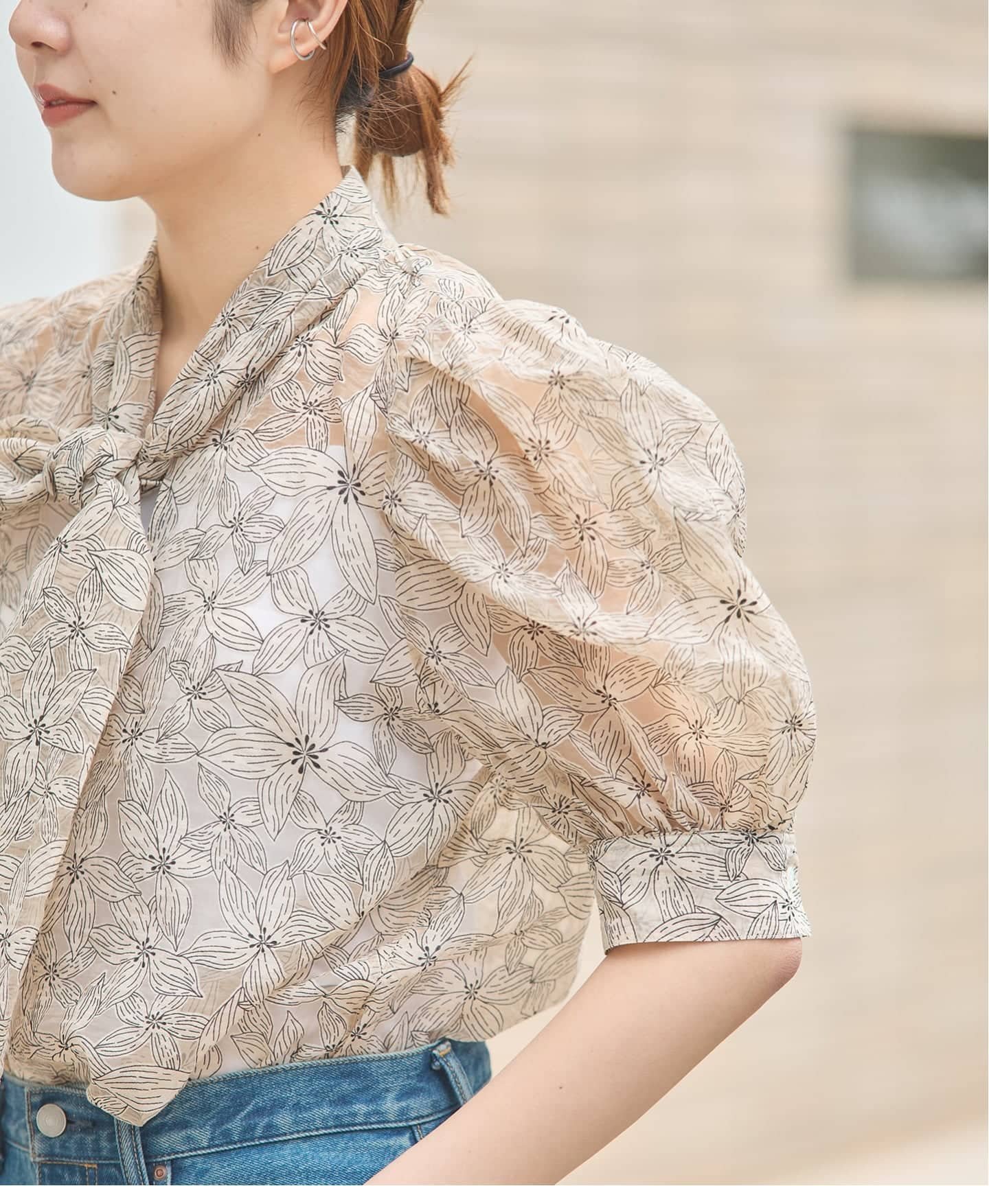 JOURNAL STANDARD L'ESSAGE 《手洗い可》シアーチェック/フラワー/無地 ハーフスリーブボウタイブラウス ジャーナルスタンダード レサージュ トップス シャツ・ブラウス ブラック カーキグリーン ホワイト ベージュ