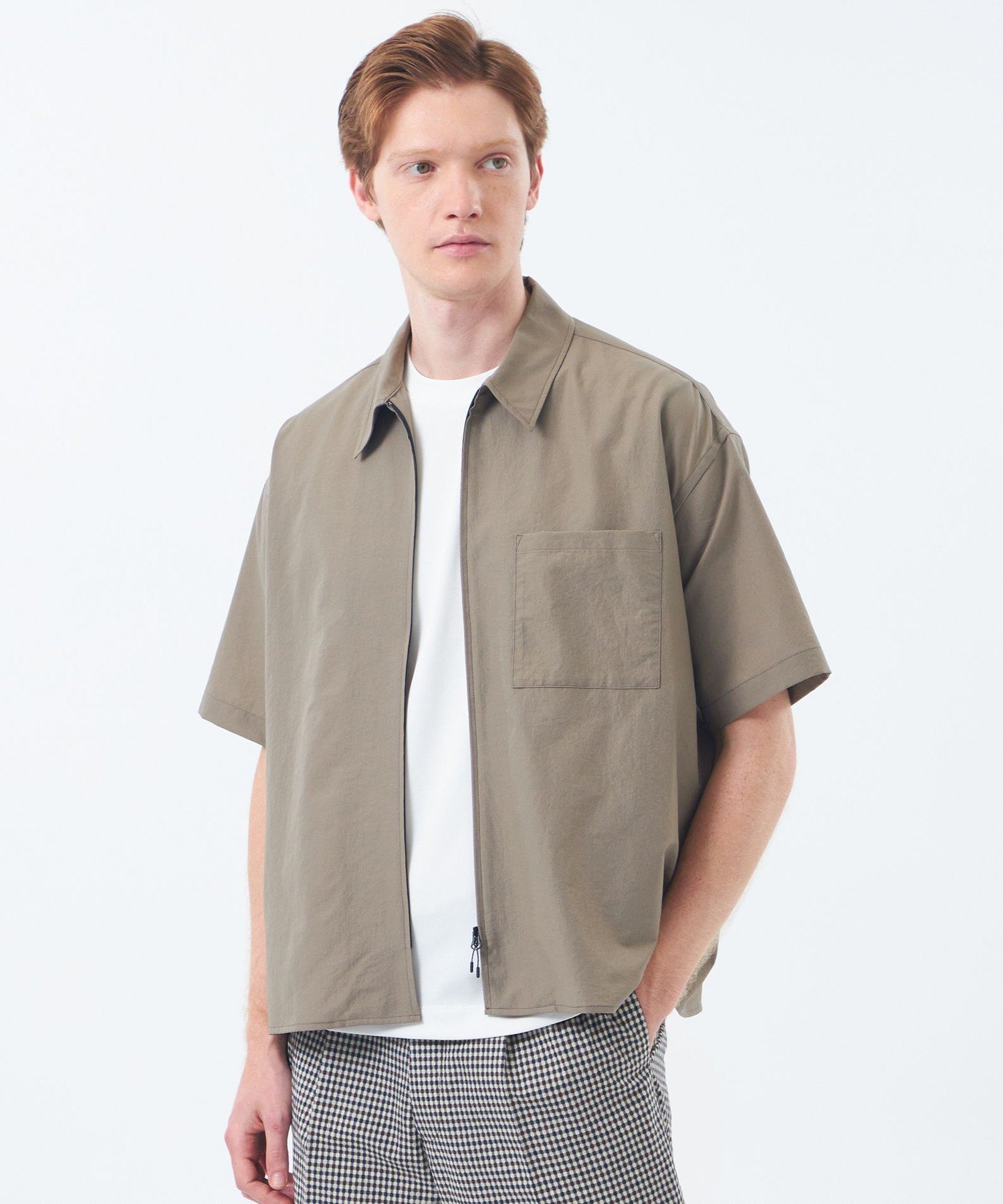 ジップアップ半袖シャツ COOLDOTSミニリップ マッキントッシュ フィロソフィー トップス シャツ・ブラウス ネイビー ベージュ
