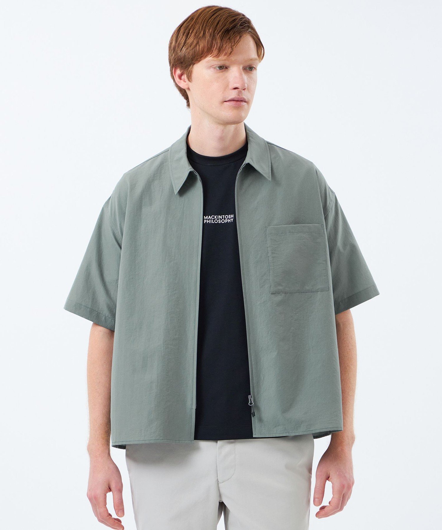 ジップアップ半袖シャツ COOLDOTSミニリップ マッキントッシュ フィロソフィー トップス シャツ・ブラウス ネイビー ベージュ