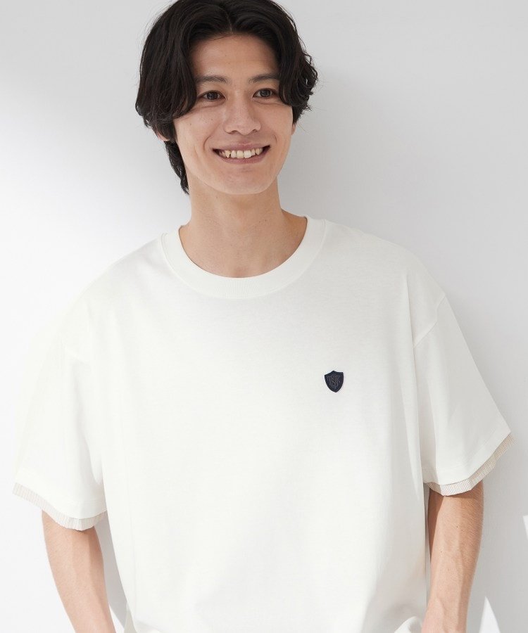THE SHOP TK 【マシンウォッシャブル】袖レイヤード半袖Tシャツ ザ ショップ ティーケー トップス カットソー・Tシャツ ネイビー ホワイト
