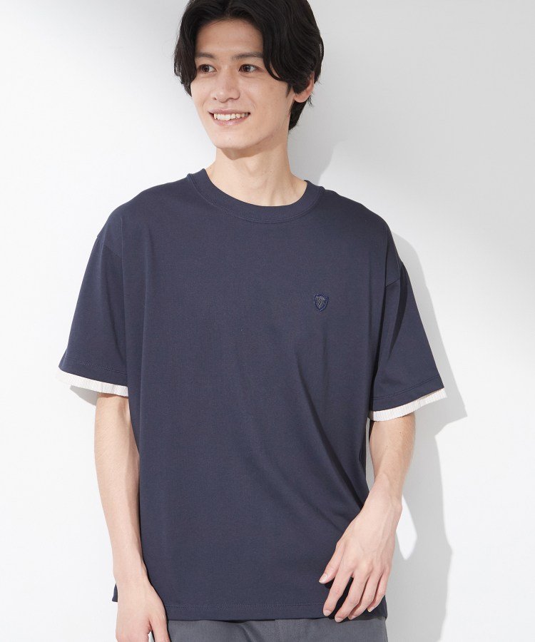 THE SHOP TK 【マシンウォッシャブル】袖レイヤード半袖Tシャツ ザ ショップ ティーケー トップス カットソー・Tシャツ ネイビー ホワイト