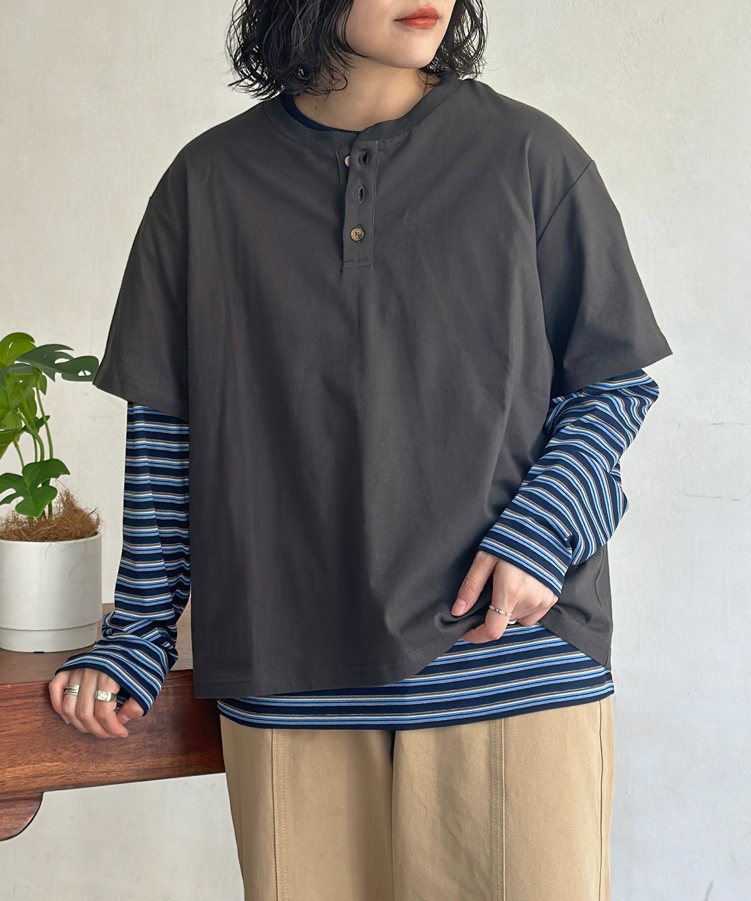 【2点セット】ボーダーロンTアンサンブル シーピーシーエム トップス カットソー・Tシャツ ブラック ネイビー グレー