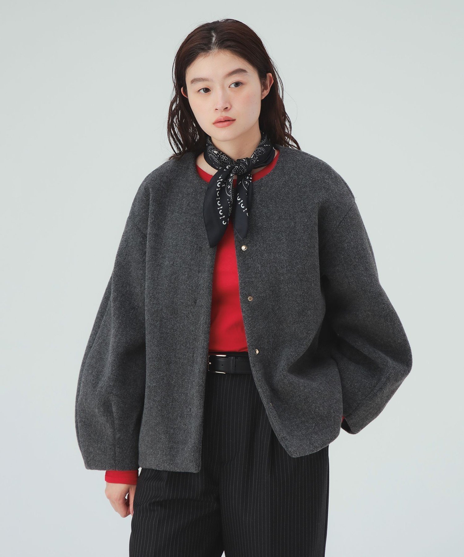 BEAMS HEART WOMEN メランジ ノーカラー ジャケット 26AW 秋新作 冬アウター 防寒 軽量 ビームス ハート ジャケット・アウター ブルゾン・ジャンパー グレー ホワイト【送料無料】