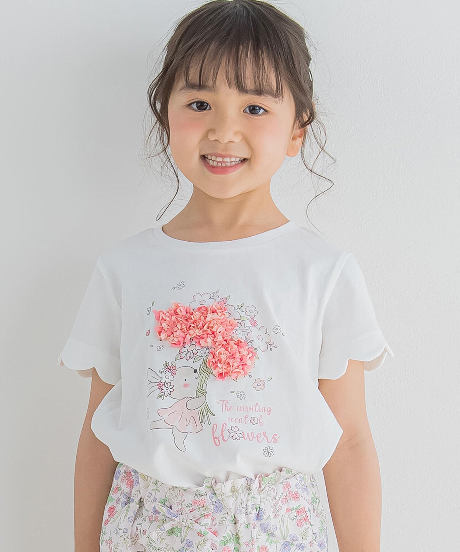 SLAP SLIP アニマルウサギ袖スカラップお花シフォン半袖Tシャツ(80~130cm) ベベ オンライン ストア トップス カットソー・Tシャツ ホワイト ピンクのサムネイル