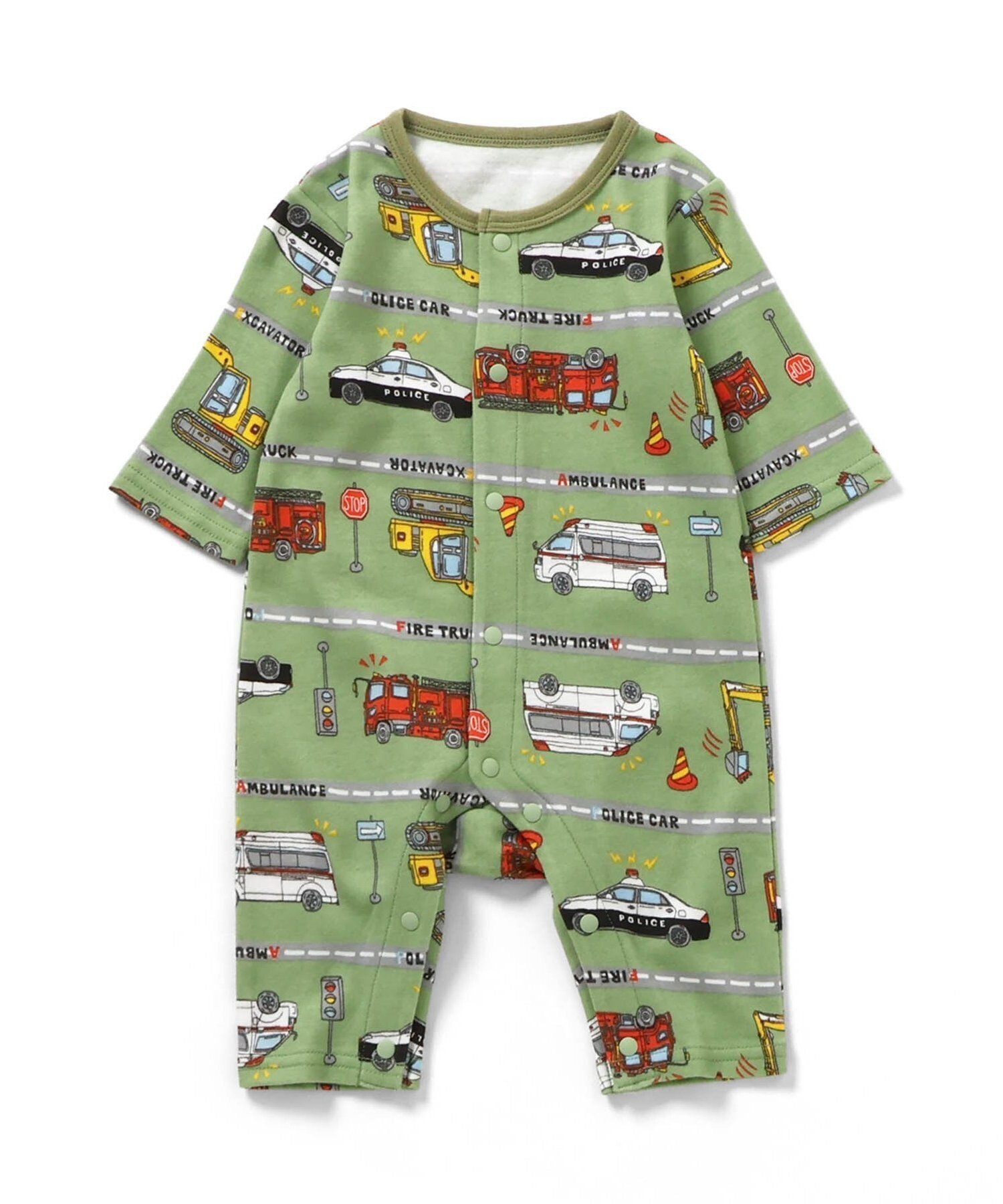 Ampersand カバーオール はたらくくるまボーダー柄 エフオーオンラインストア マタニティウェア・ベビー用品 ロンパース・カバーオール ベージュ グリーン